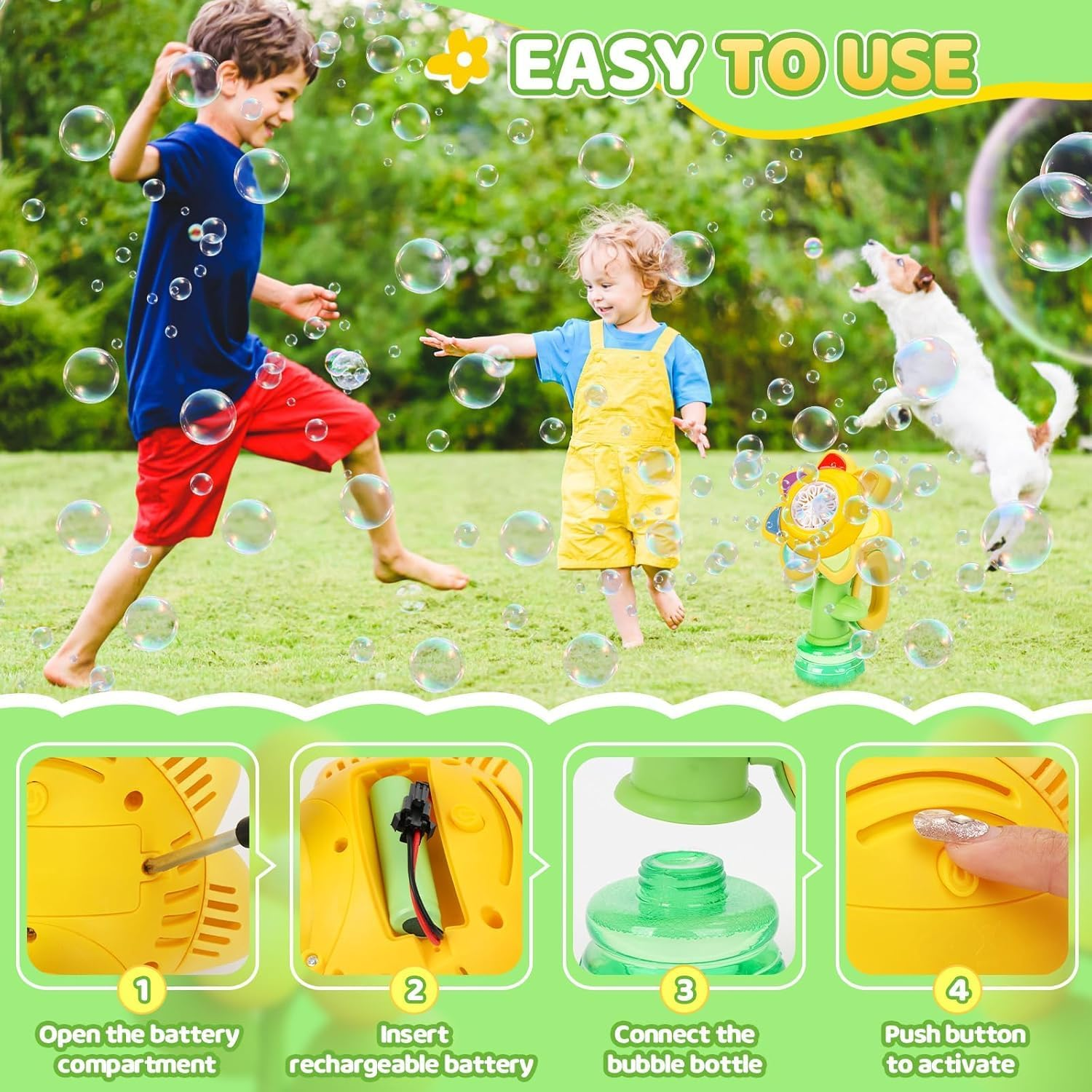 Bubble Machine for Kids, Rechargeable Dancing Sunflower Bubble Maker, Light up Automatic Bubble Blower Toys for Baby Childrens Girls Gift, Bubble Blaster Party Favors, Bonus 10 Pack Bubble Solution image number 1