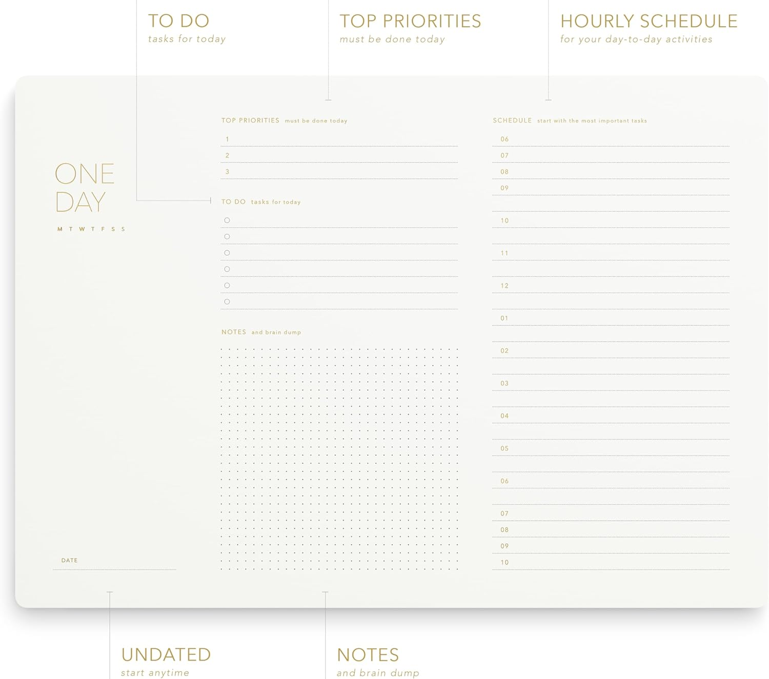 One Day, Elegant Daily Desk Planner, Gold Foiled, Minimalist Productivity Planner Pad, Time Blocking Hourly Schedule, to Do List Notepad, A4, 52 Pages, FSC&trade; Certified image number 5