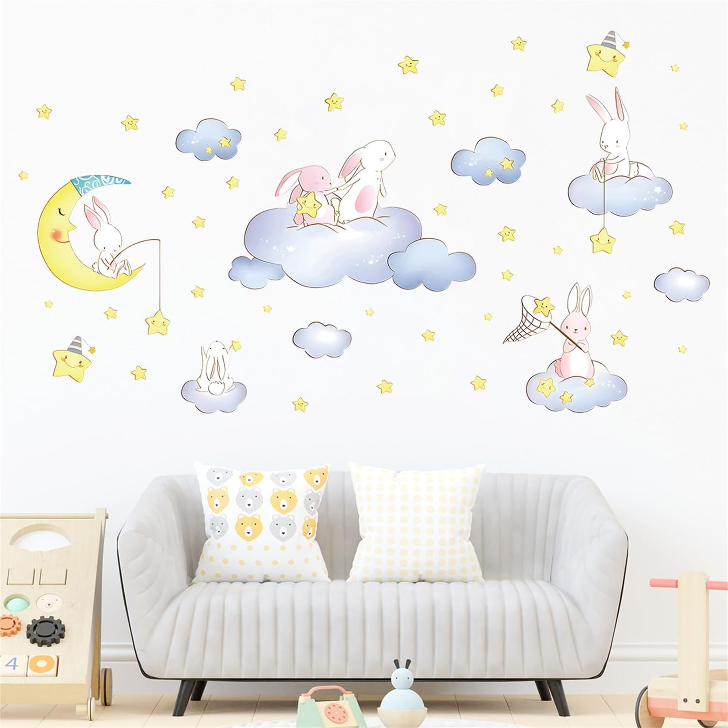 Cartoon Cute Rabbit Wall Decal the Moon and Stars Cloud Bunny Wall Stickers Nursery for Bedroom Girls Decor - K image number 5