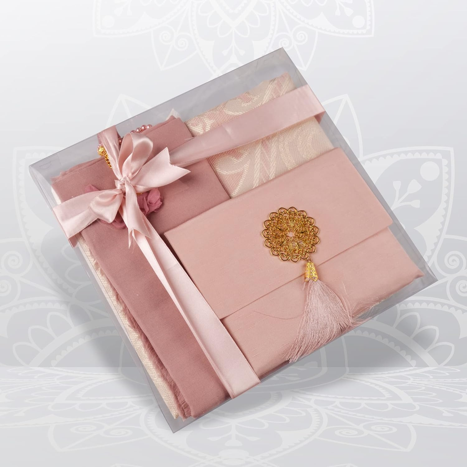 Islamic Gift Set, Velvet Prayer Mat, Prayer Beads, Shawl and Yaseen Book, Perfect Family and Eid Gifts (Pink) - Gray image number 2