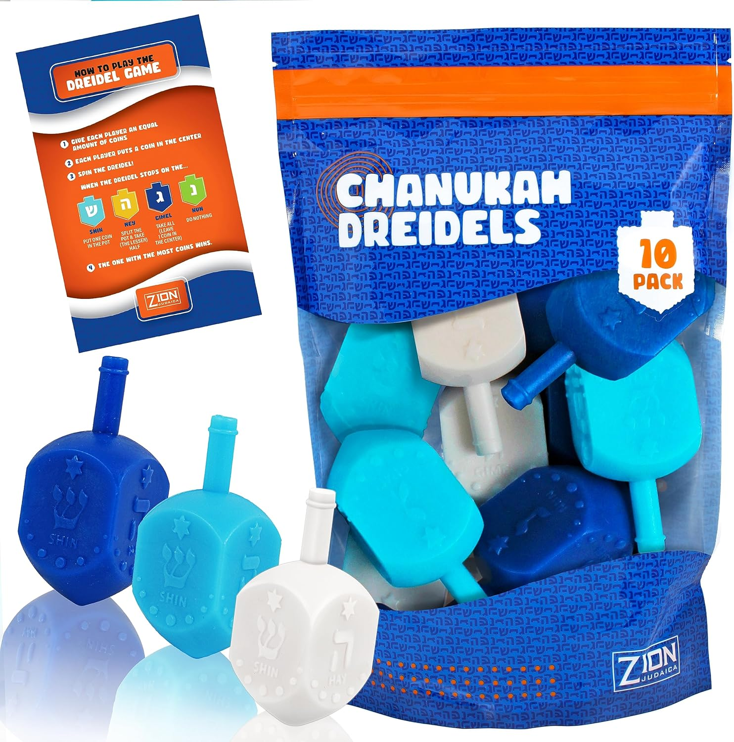 Zion Judaica Hanukkah Dreidels Multi Blue, White Medium Size Dridels Bulk Plastic Drydlech Hebrew Letters and English Transliteration Includes Traditional Chanukah Game Guide Ziplock Bag Hanuka Fun image number 1