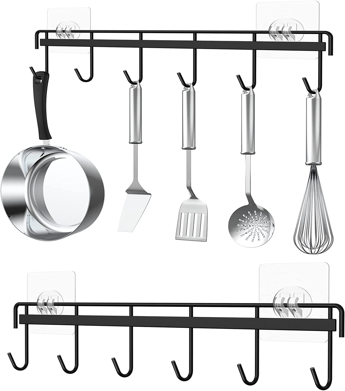 Myfolrena Adhesive Kitchen Hooks Utensil Hanger Holder Hanging Rack 2 Pack, Hanging Rack Wall Mounted Kitchen Rail for Spoons Pot Coffee Mug Cups Tags(Black) image number 1