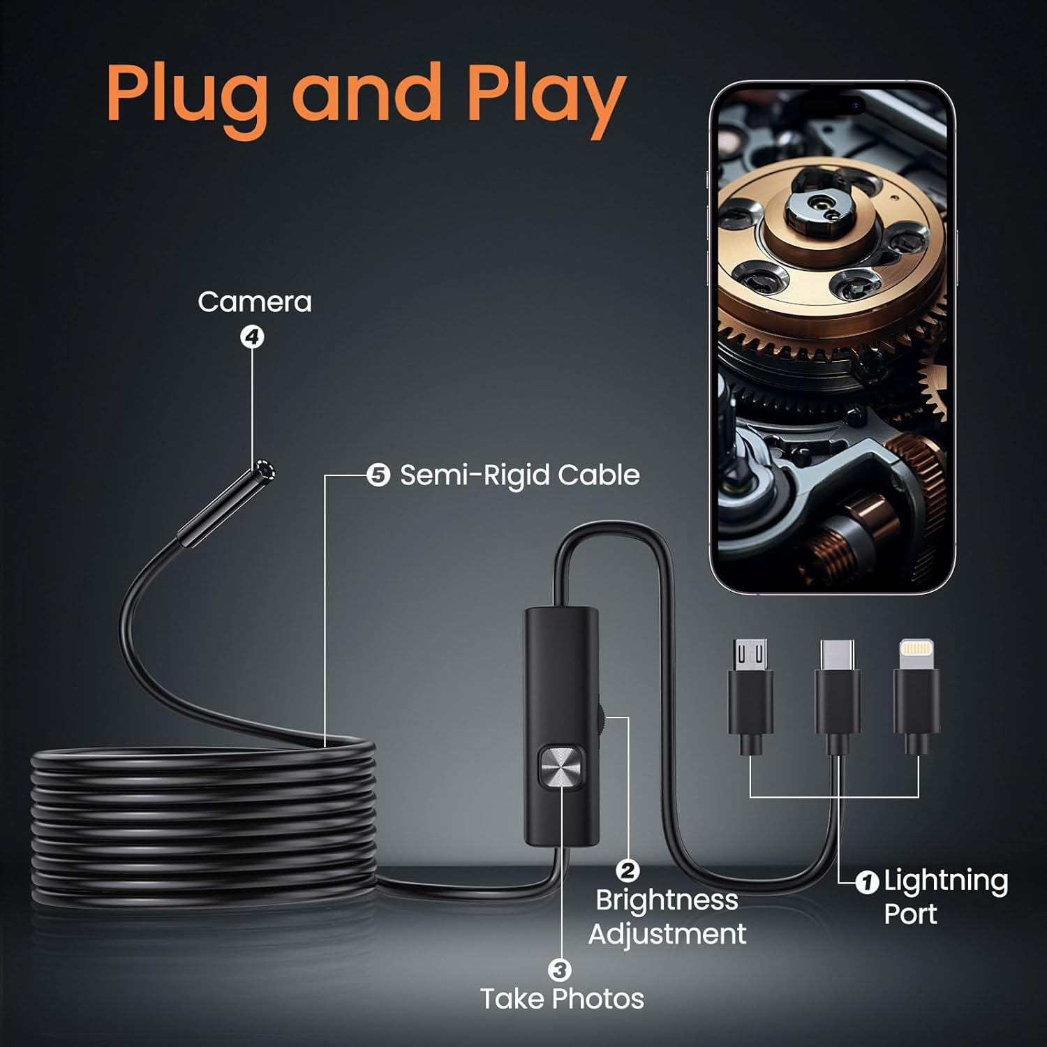 Endoscope Camera with Light,1920P HD Borescope Tools with 8 Adjustable LED Lights, Endoscope with Semi-Rigid Snake Camera, Inspection Borescope for Ios and Android image number 6