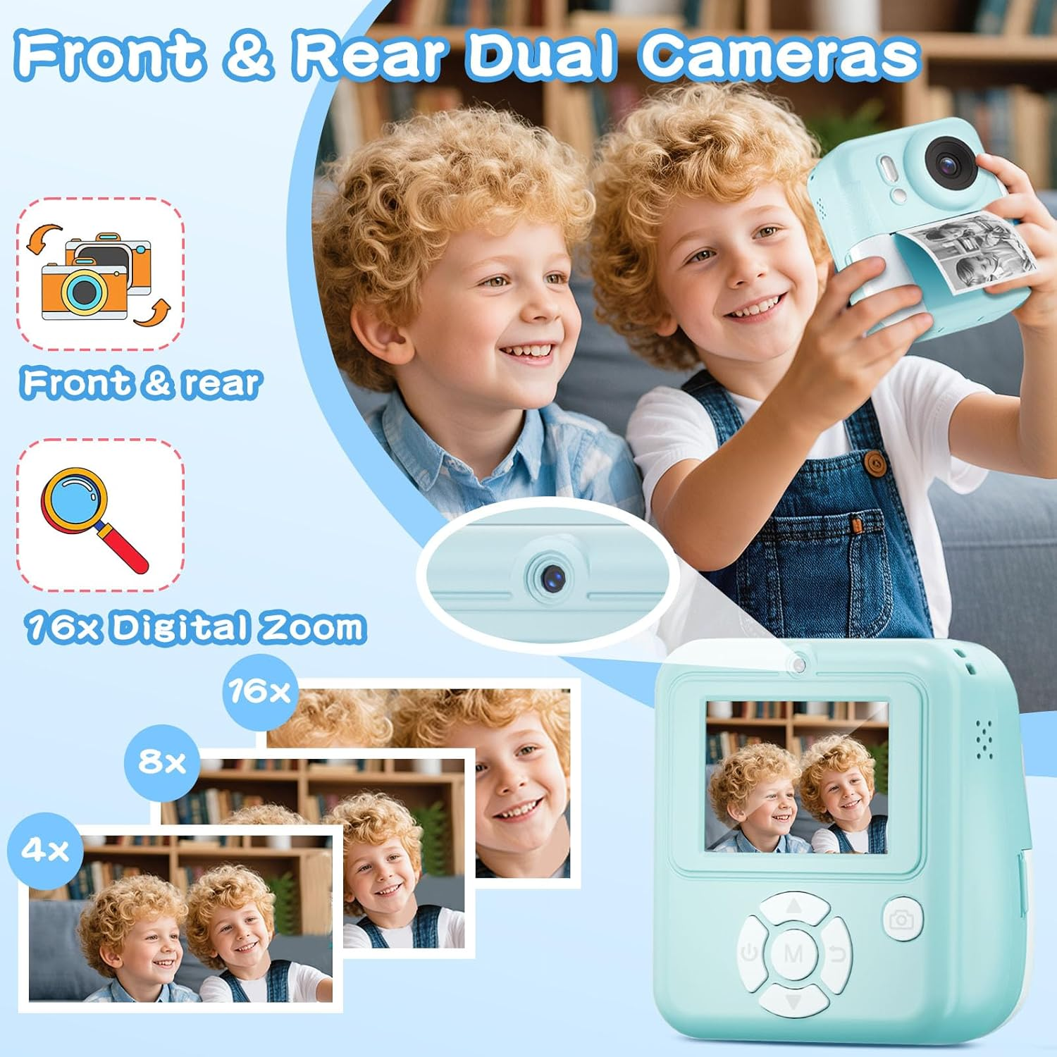 Kids Camera Instant Print Color Photos, Dual-Lens Instant Print Camera for Kids, Toddler Portable Travel Digital Camera Toy for 4 5 6 7 8 Year Old Boys Girls Christmas Birthday Gifts 64GB Card, Blue image number 3