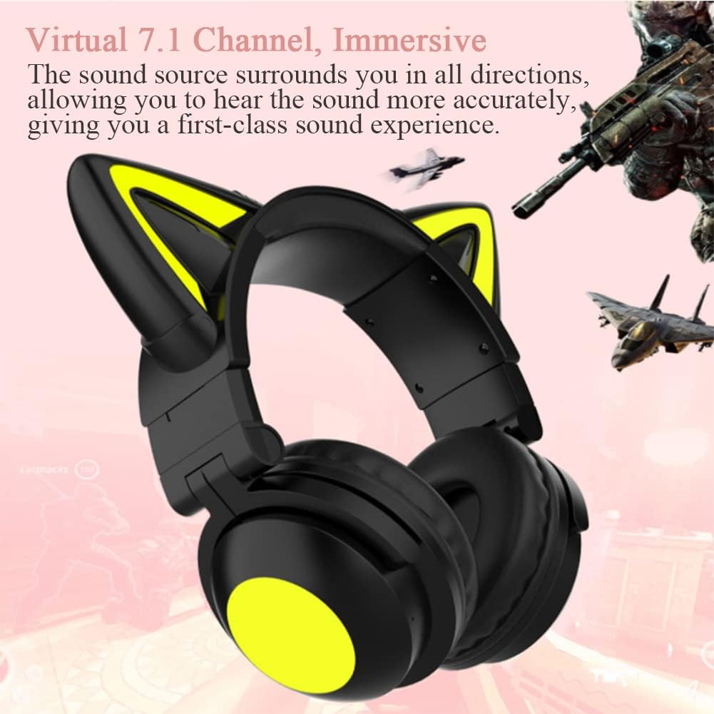Bluetooth Headphones, Cat Ears LED Wireless Gaming Headset Children'S Headphones Bluetooth Stereo Headset Foldable Cat Ears Over-Ear Headsets with Adjustable Microphone for Smartphones/Laptop/Tablet