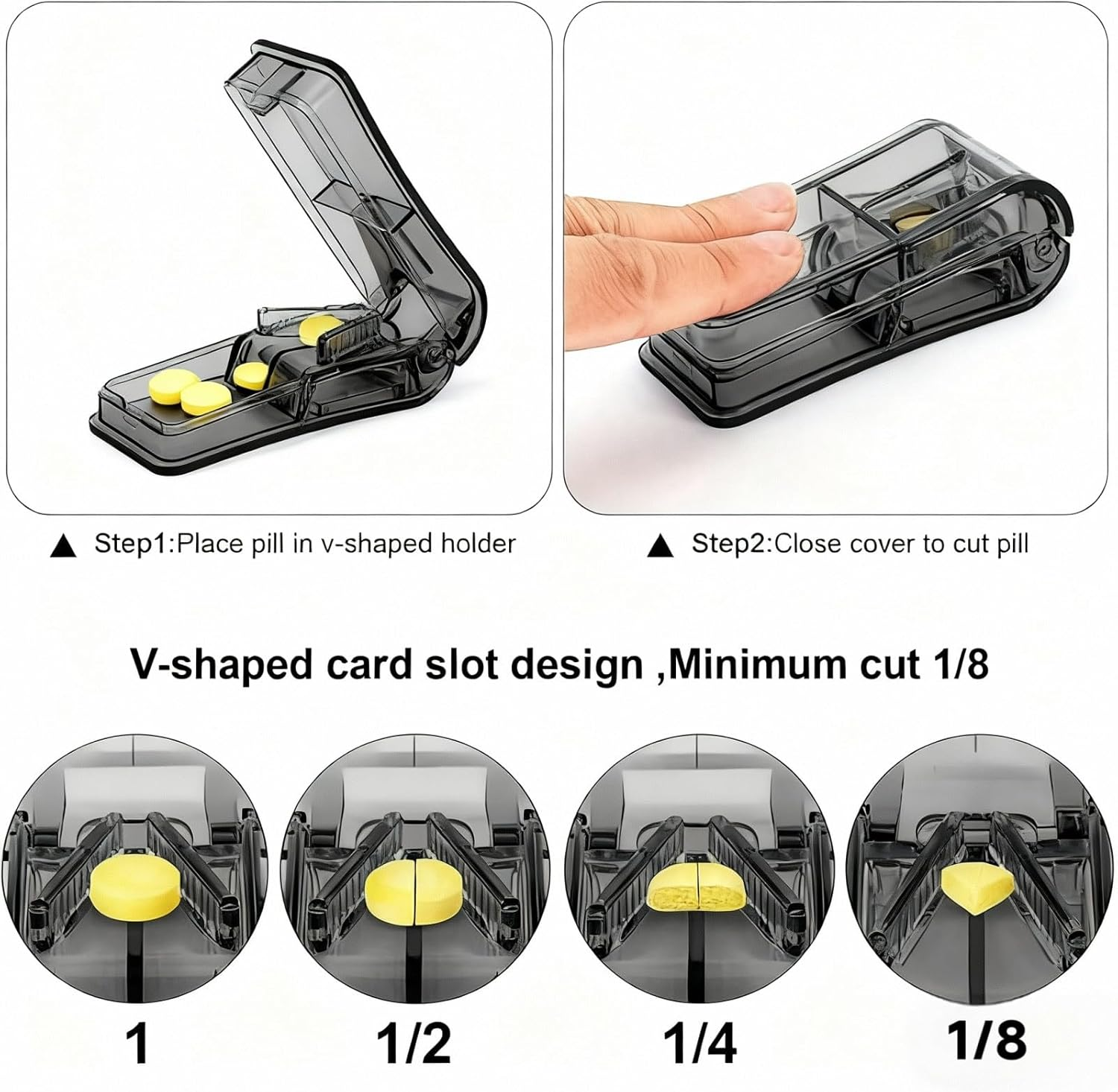 Pill Cutter with V-Clip & Brush - Tablet Splitter for Small and Large Pills, Precise Quarter or Half Cuts for Elderly, Pets - Food Grade Safe & Portable Medicine Cutter (Black) image number 2