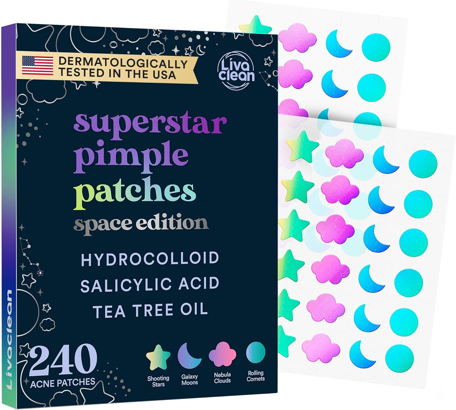 Livaclean 240 CT Holographic Cute Acne Patches - Space Edition W/Salicylic Acid & Tea Tree Oil for Face - Hydrocolloid Star Pimple Patches image number 1
