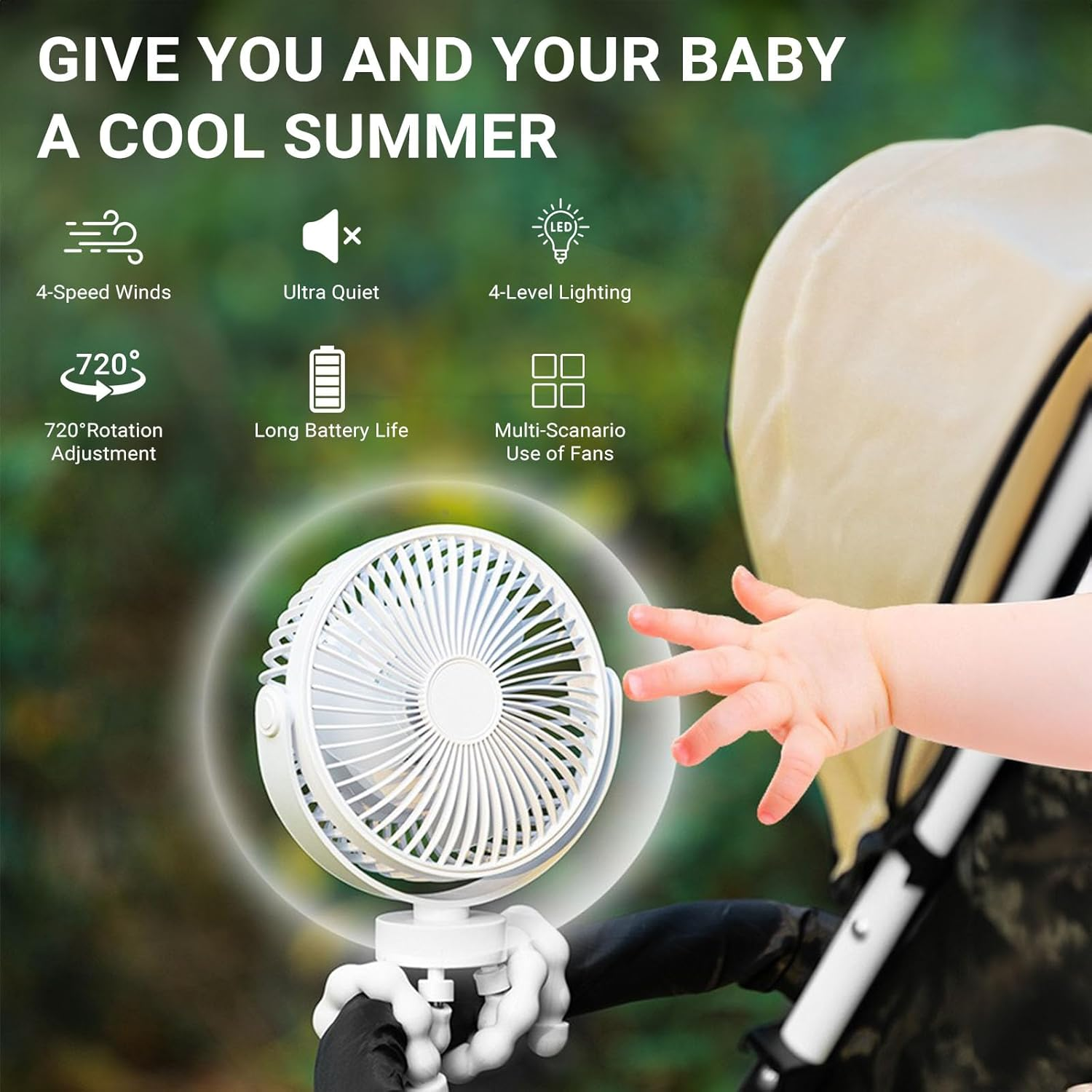 USOR Pram Fan, 4 Speed Portable Clip on Stroller Fan for Baby5000Mah Battery Operated Personal Desk Fans with Flexible Tripod Mini Handheld Usb Fan Rechargeable for Car Seat Treadmill Camping Black
