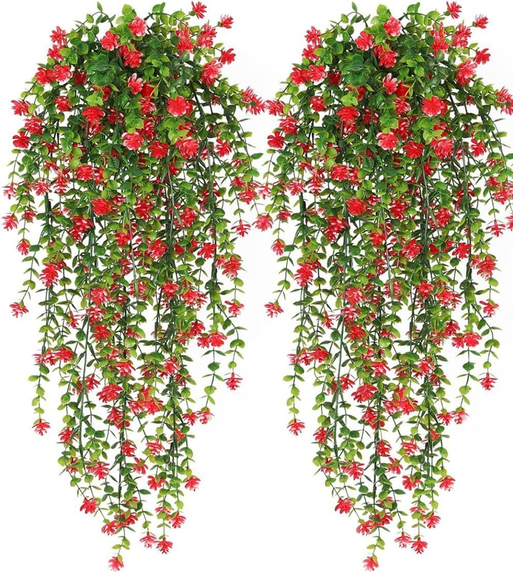 AU7042-3 2 Artificial Hanging Flowers Eucalyptus UV Protection Fake Plants Vine Hanging Flowers Plastic Green Home Garden Wedding Party Indoor and Outdoor Decoration Red (Excluding Plates)