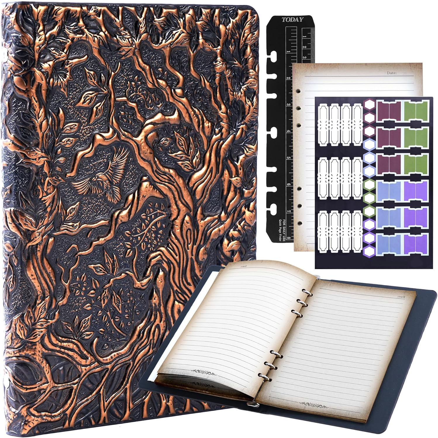 DND Notebook Journal Refillable Binder - A5 Story Forge 400 Pages (200 Sheets) with Breathtaking 3D Tree of Life Design - Perfect for Dungeons and Dragons (D&D) with Bonus Tabs and Ruler (Bronze)