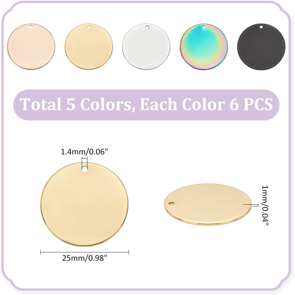 UNICRAFTALE 30Pcs 5 Colours round Metal Laser Engraving Blanks Dog Tags 25 Mm Stainless Steel Pendant Smooth Empty Tags Metal Charms for Jewellery Key Pet Dog Tags Making and Crafts image number 2