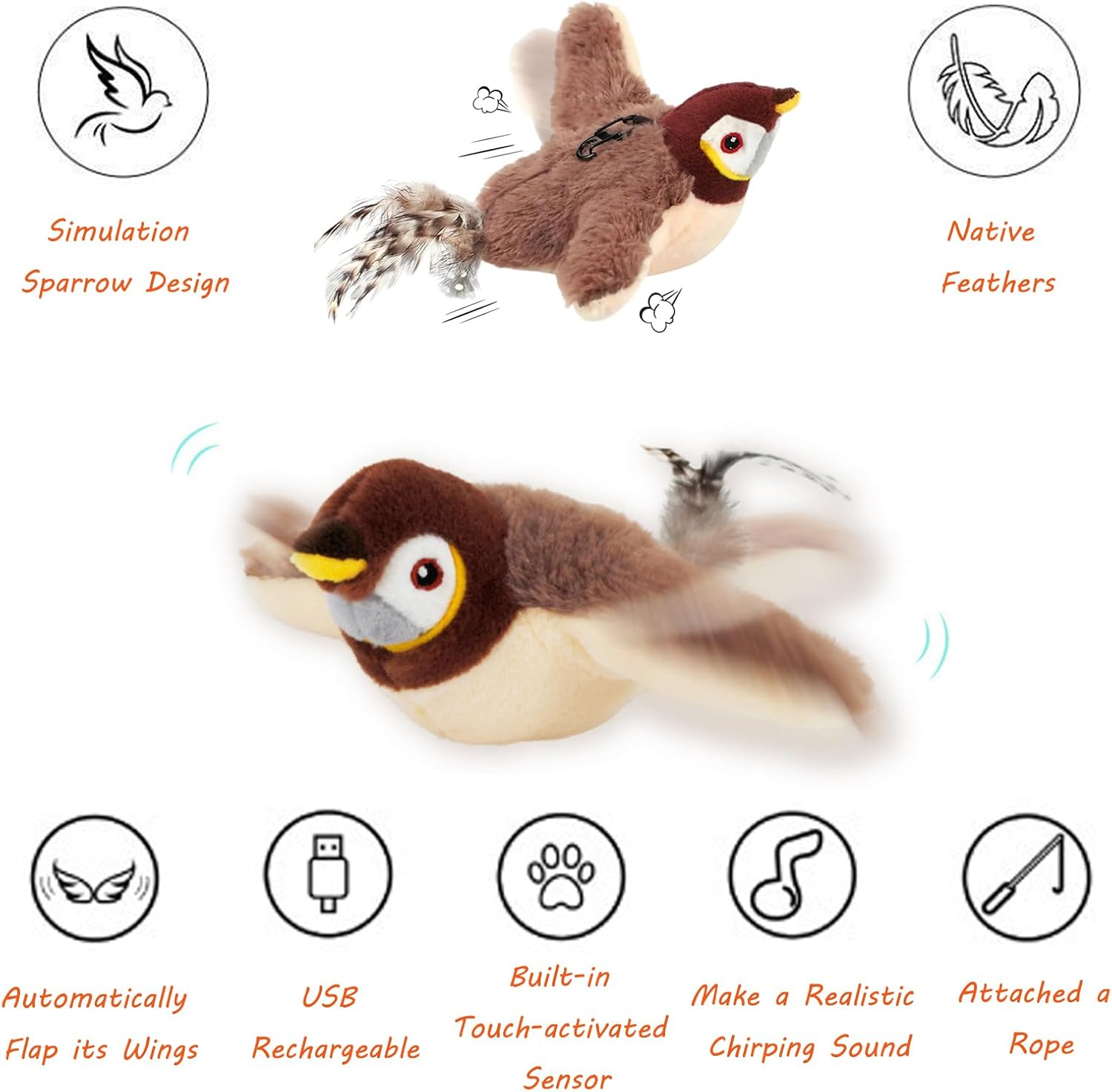 Bestek Flappy Bird Cat Toy(No Flying),Simulated Flapping Wings&Chirping Flying Bird Cat Toy,Rechargeable,Interactive Catnip Toys for Indoor Oudoor,Kittens and Small Dog image number 2