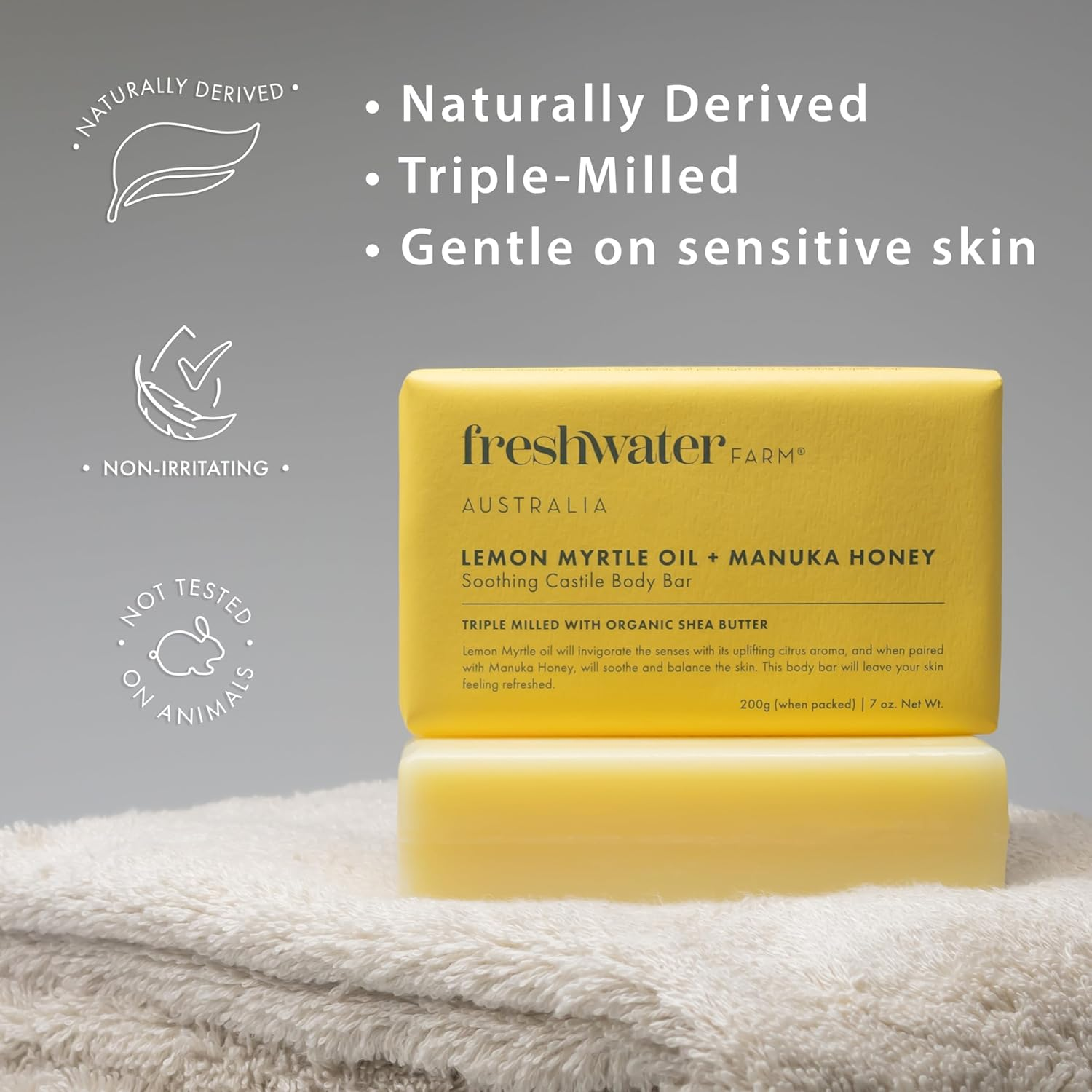 Freshwater Farm Australia Soothing Castile Natural Body Bar/Soap Bar for Women/Men- Lemon Myrtle Oil+Manuka Honey. Nourishing Essential Oils Soap/Body Soap for Dry, Sensitive Skin-200G X 8 Pack image number 3