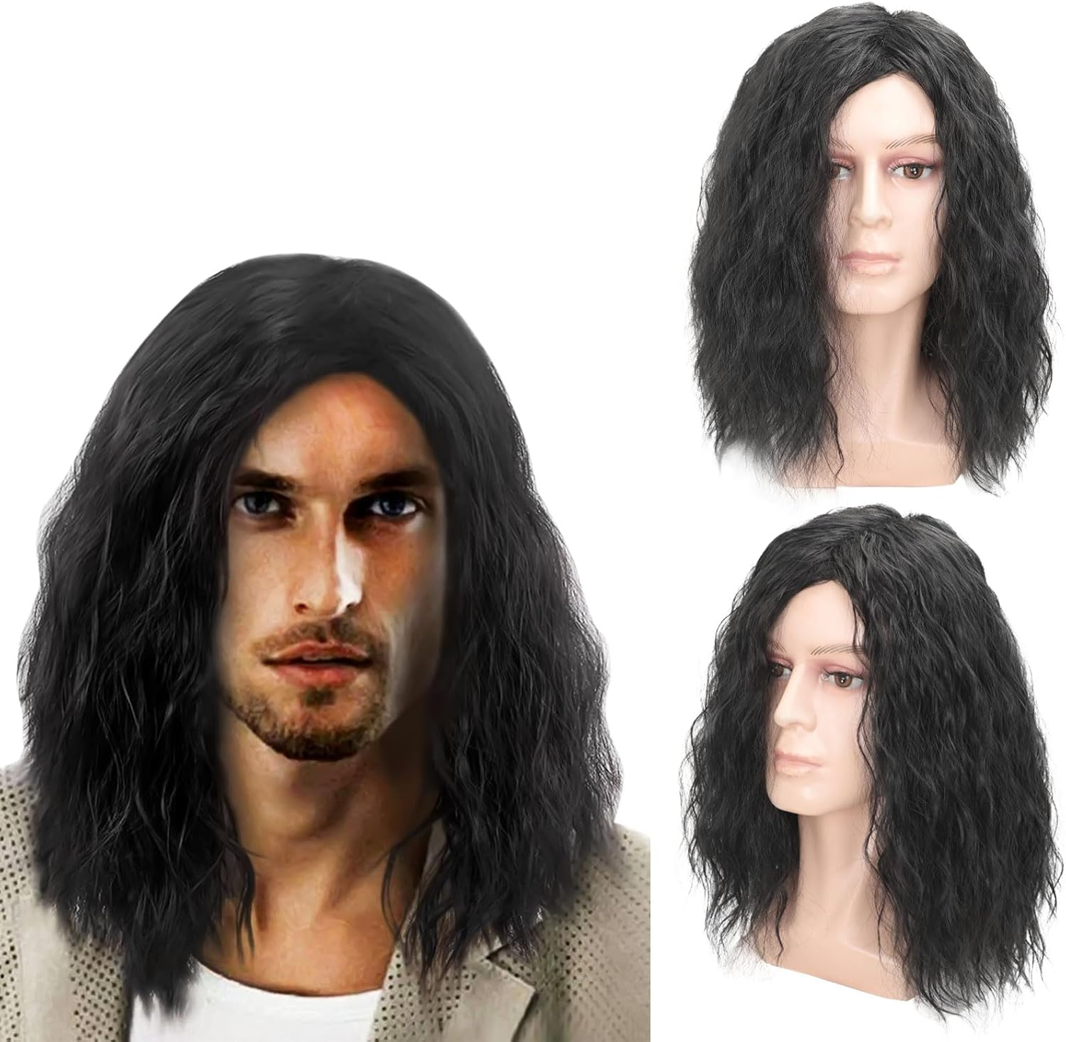 TSHAOUN Mens Long Black Wig, 16Inch Mid Length Mens Curly Hair Wig for Adults, 70S 80S Fancy Dress Party Wigs for Costume Cosplay Halloween (Black) image number 6