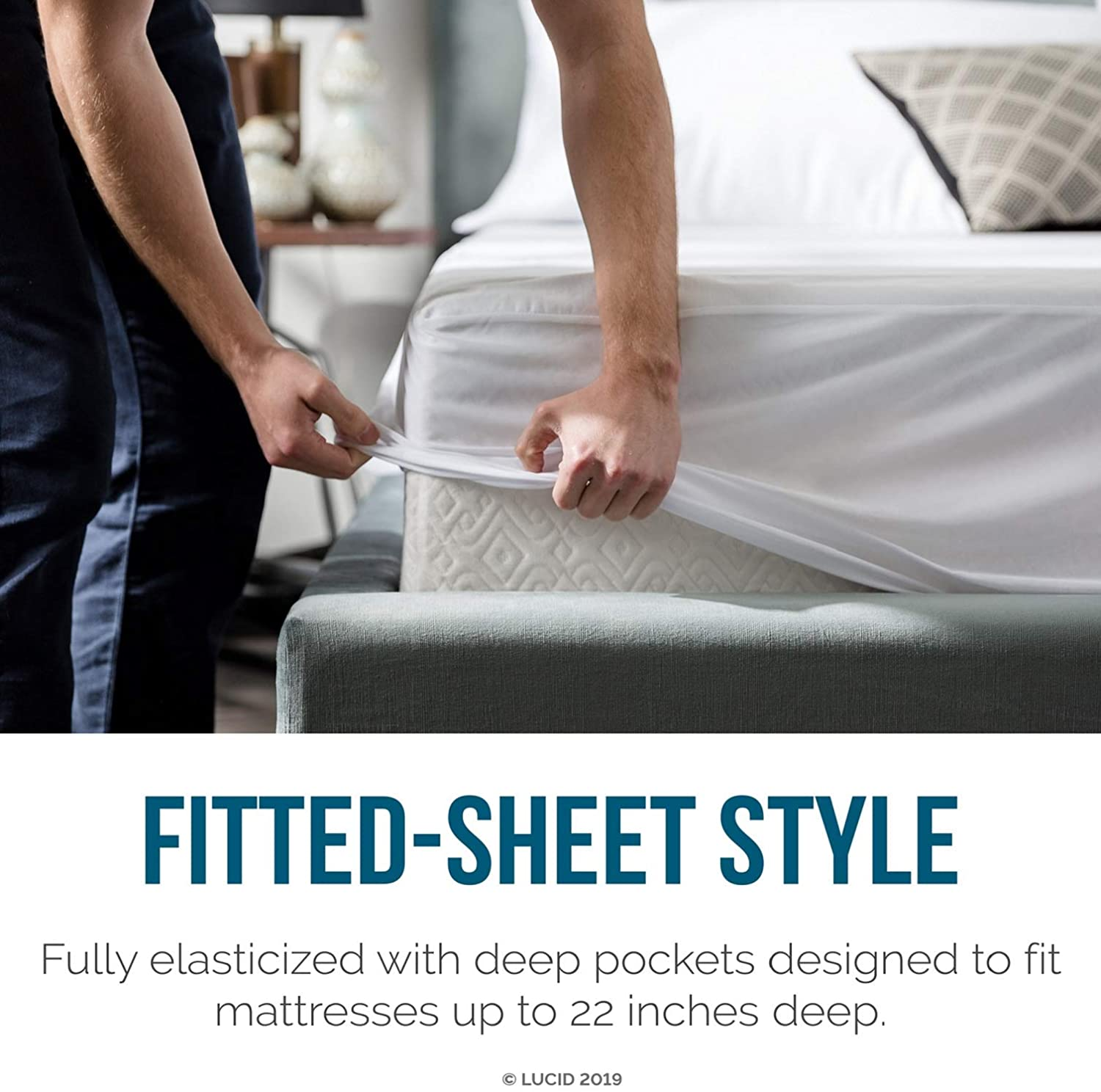 Lucid Premium Hypoallergenic 100% Waterproof Mattress Protector - Universal Fit, Cotton Terry Top,White Twin - California King Mattress Protector image number 5