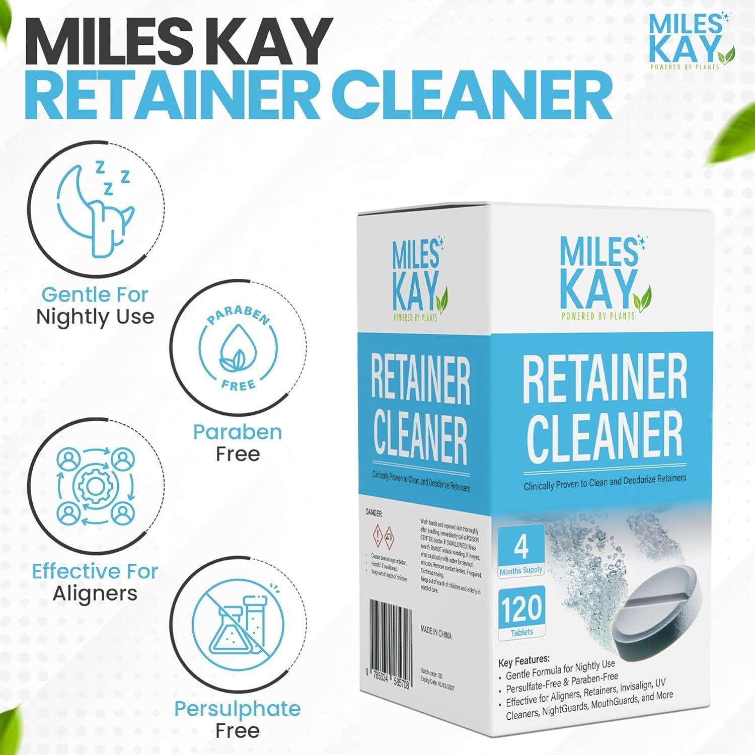 Retainer Cleaner Tablets (30 Pack) Keep Your Retainer Fresh, Brite and Stain-Free. Cleaning Tablets for Retainers, Ultrasonic & Dental Pod Compatible. Fresh Mint | Miles Kay image number 2