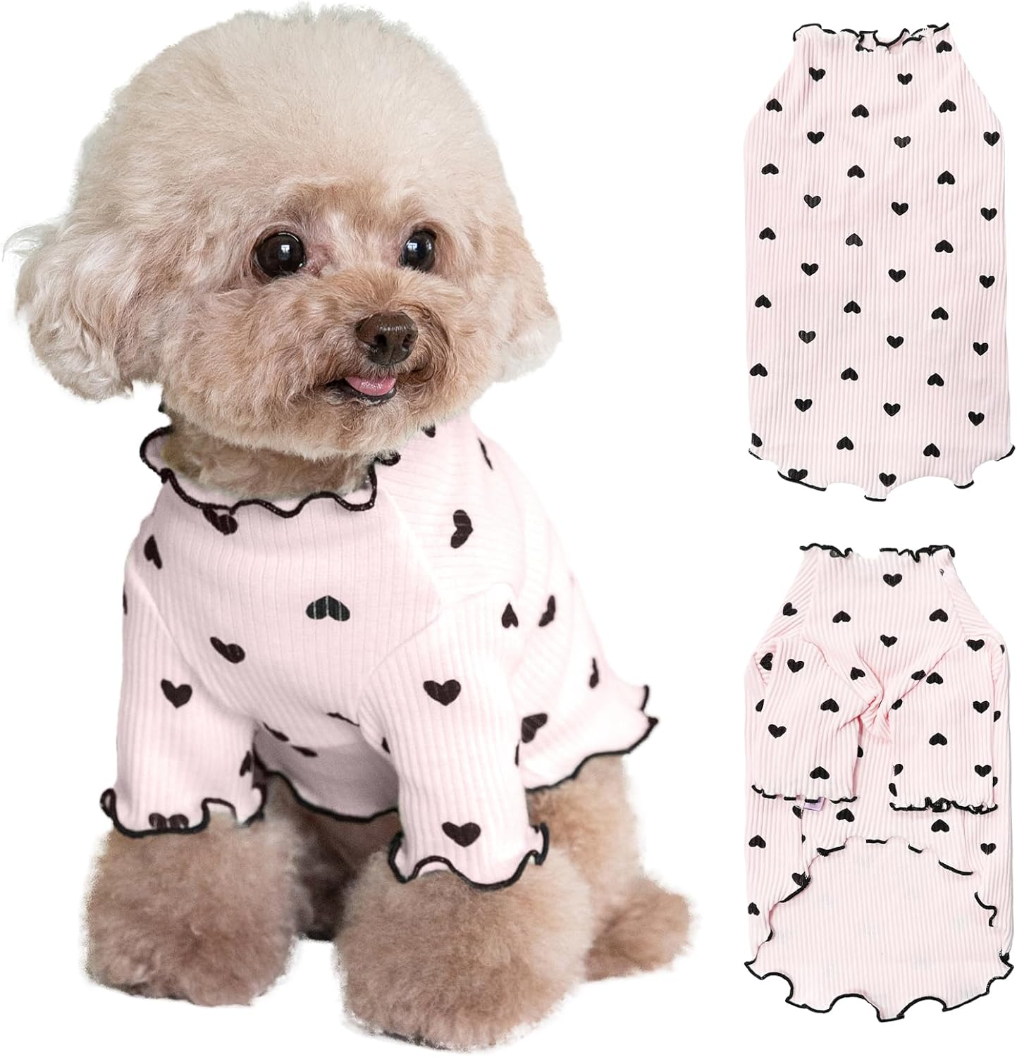 Yaopelky Pet Clothes for Small Dogs Cat Summer Fall Heart Print Shirt Stretchable Ruffle Long Sleeve Outfits for Chihuahua Schnauzer Shih Tzu Yorkie (Pink, Small) image number 5