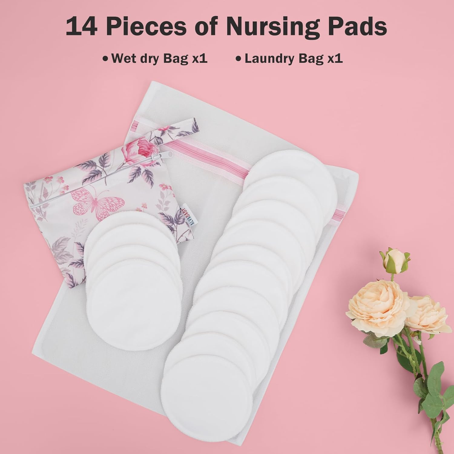 ALVABABY Nursing Pads 4 Layer Bamboo Breast Pads Soft Absorbent Maternity Reusable Pads round Breastfeeding for Mothers Flat Bottom 4.72 Inch 14 Packs Washable Breastfeeding Pads Sets 14RDB03-AU image number 2