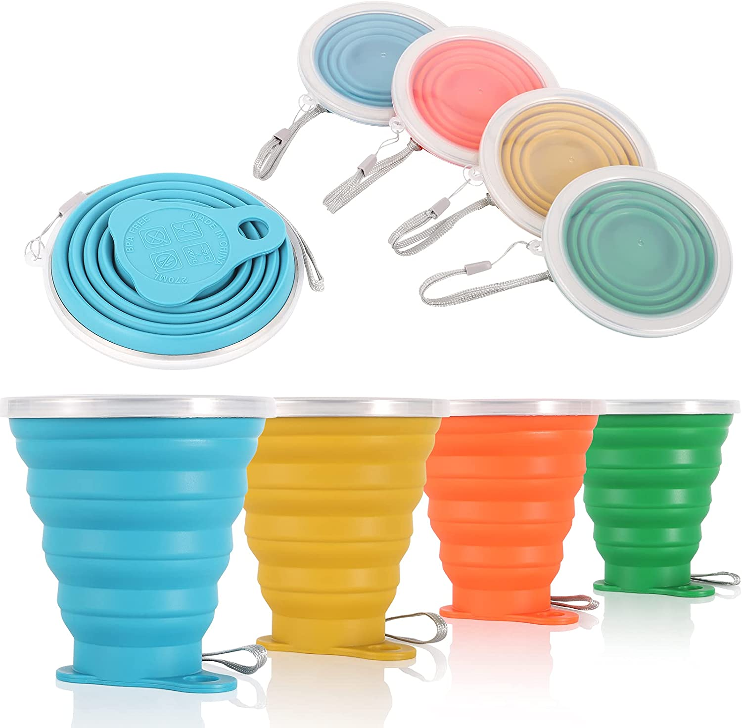 ME.FAN Silicone Collapsible Travel Cup - Silicone Folding Camping Cup with Lids - Expandable Drinking Cup Set - BPA Free, Portable, Graduated [9.22Oz]