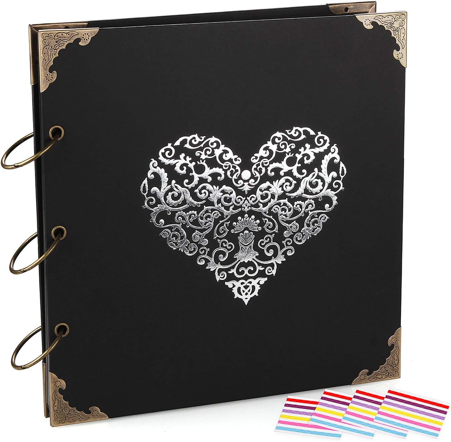 Photo Album or DIY Scrapbook (10X10 Inch 50 Pages Double Sided), Vintage Leather Cover Three-Ring Binder Picture Booth Albums with 9 Colors 408Pcs Self Adhesive Photos Corners for Memory Keep