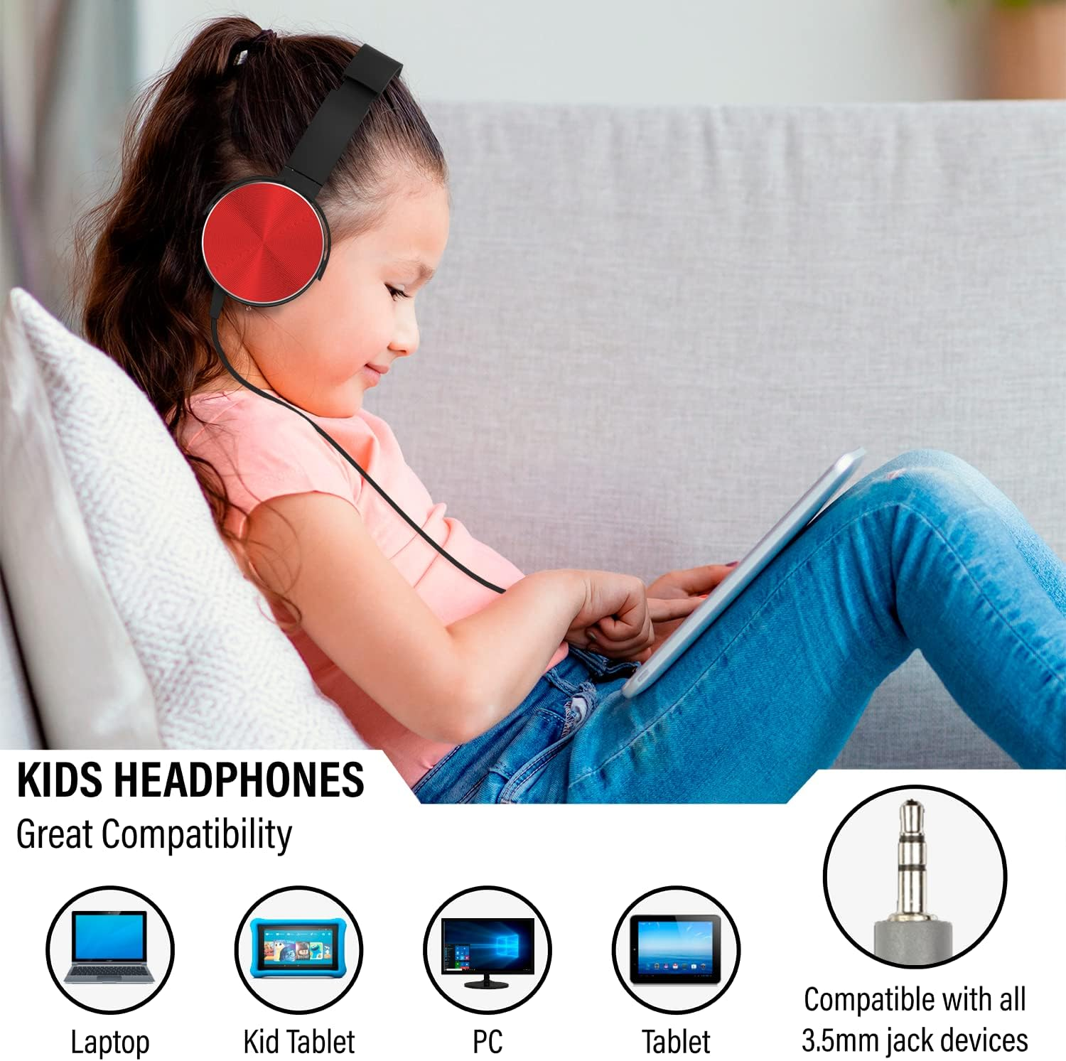 Maeline Classroom Headphones Bulk 5 Pack, Student on Ear Comfy Swivel Headset for School, Library, Airplane, for Online Learning, Travel, Stereo Sound 3.5Mm Jack, Red, Black, Blue, White, Yellow image number 3