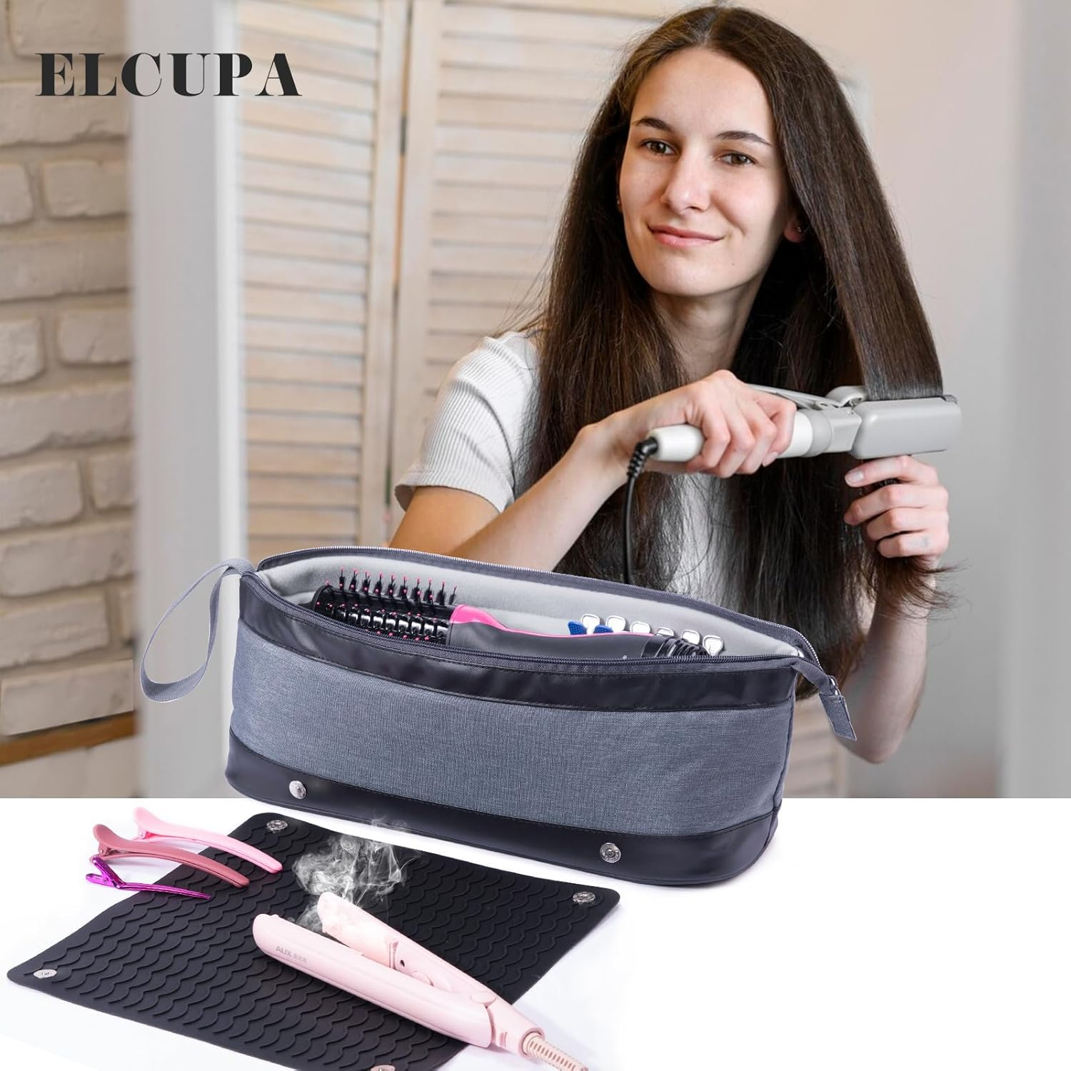 ELCUPA 2IN1 Hair Tools Travel Bag with Removable Heat Resistant Mat Curling Iron Travel Case, Hair Dryer Organizer for Flat Irons, Straighteners and Haircare Accessories, Hot Tools Travel Bag Hair image number 6