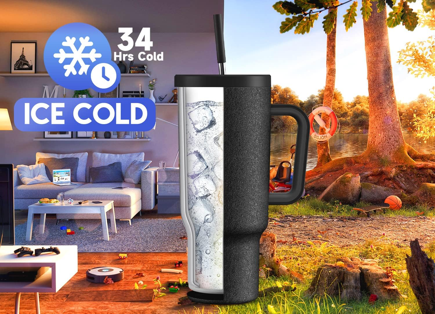 Meoky 1.18L Insulated Tumbler for Men: 40Oz Tumbler with Handle - 100% Leakproof Stainless Steel Tumbler with Straw for Car Road Trips - Commuters Workers, Night image number 6