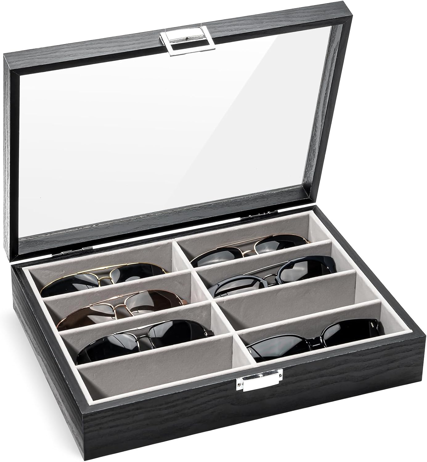 Procase 8 Slots Wooden Sunglasses Case Organizer Trays for Men Women, Glass Display Case Multiple Pairs Eyewear Eyeglass Holder Storage Box
