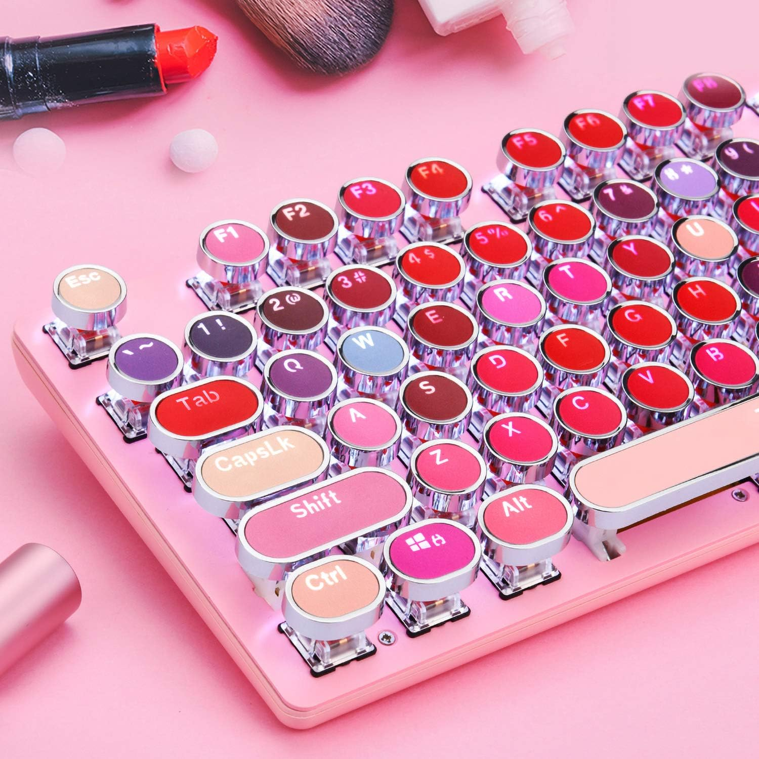 Typewriter Keyboard with White LED Backlit, Retro Steampunk Vintage Style Mechanical Gaming Keyboard 104 Keys Anti-Ghosting Blue Switch round Keycaps Metal Panel Wired USB for PC and Mac, Pink image number 2