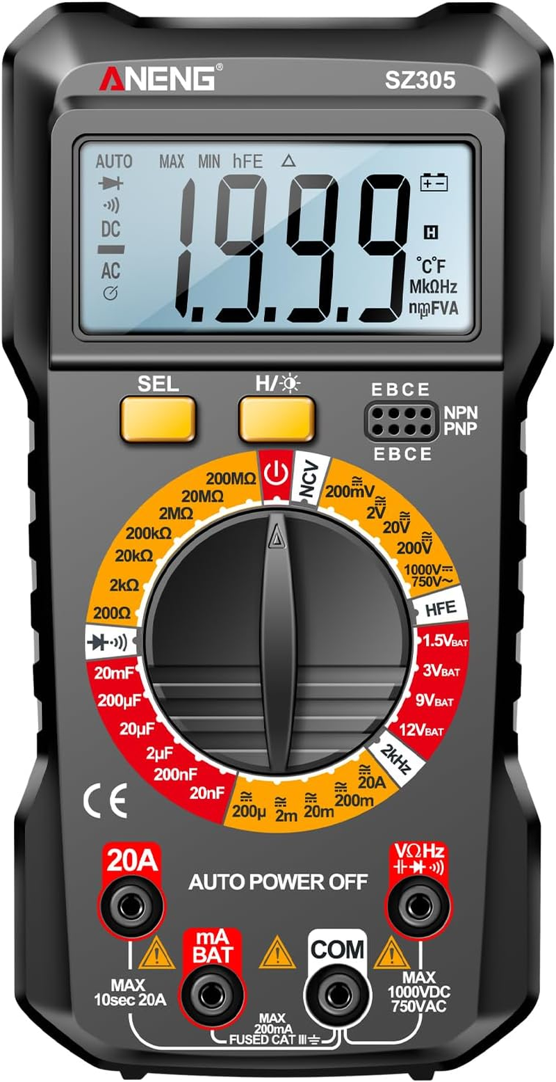 SZ305 Multimeter Capacitor Testers Professional 1999 Counts Smart Voltmeter Ohm Meter Fast Accurately Measures Voltage Current Resistance Capacitor Frequency Diode Hfe
