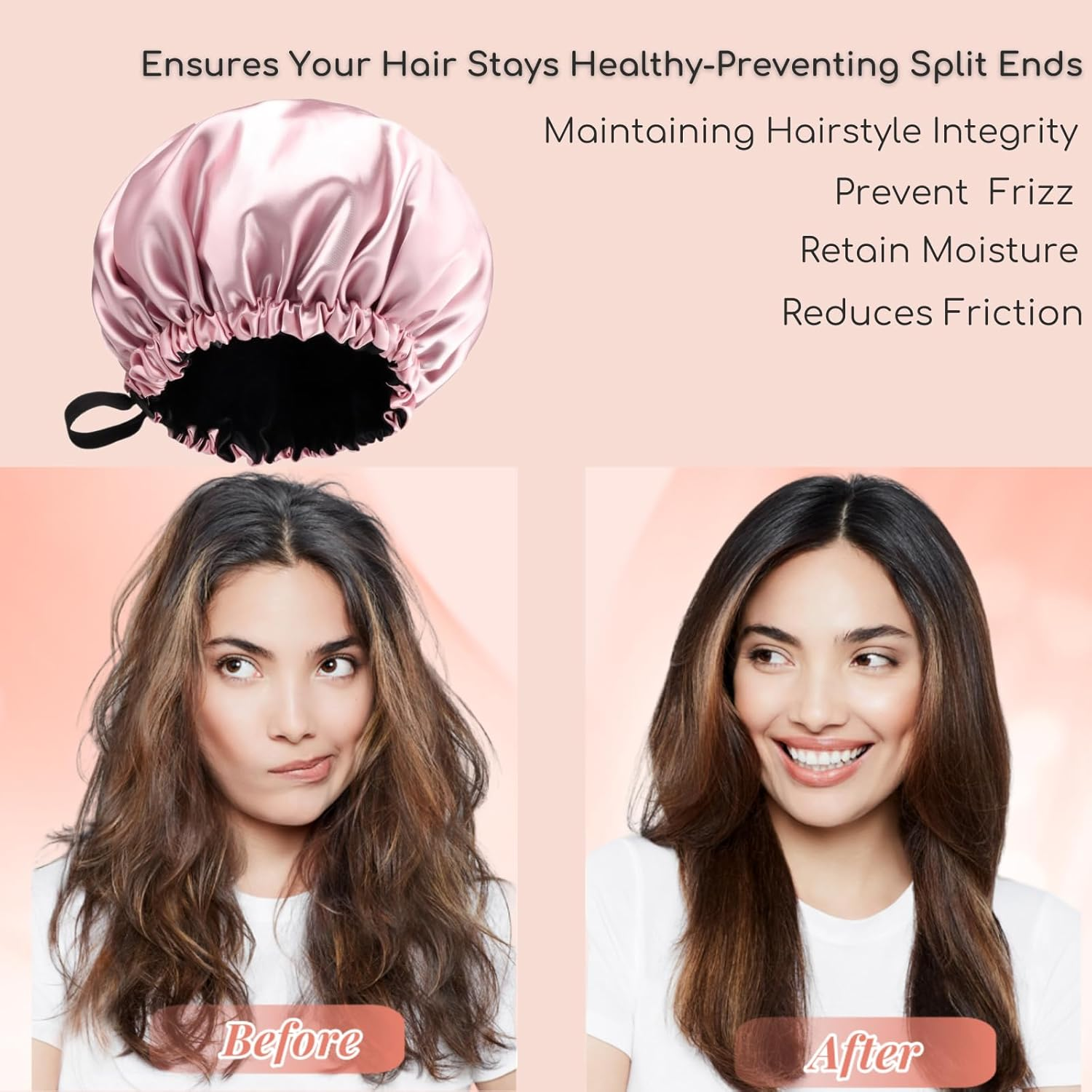 Satin Bonnet for Sleeping-Pink Double Layer Hair Bonnet for Women & Men, Adjustable Strap, Curly Long Hair Protection, Satin Hair Wrap for Night Sleeping Cap - Pink image number 6