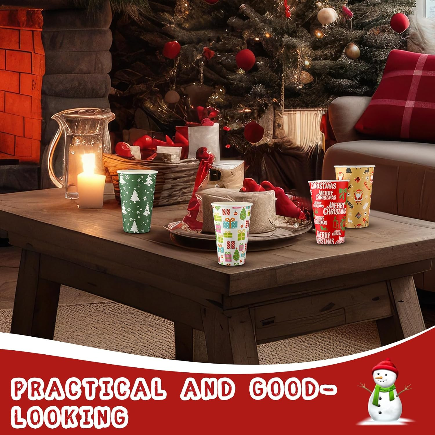 Zhehao 100 Pcs Christmas Paper Cups with Lids 16 Oz Disposable Hot Chocolate Cups Xmas Hot Cocoa Party Supplies for Coffee Tea Water Hot Cold Beverages image number 6