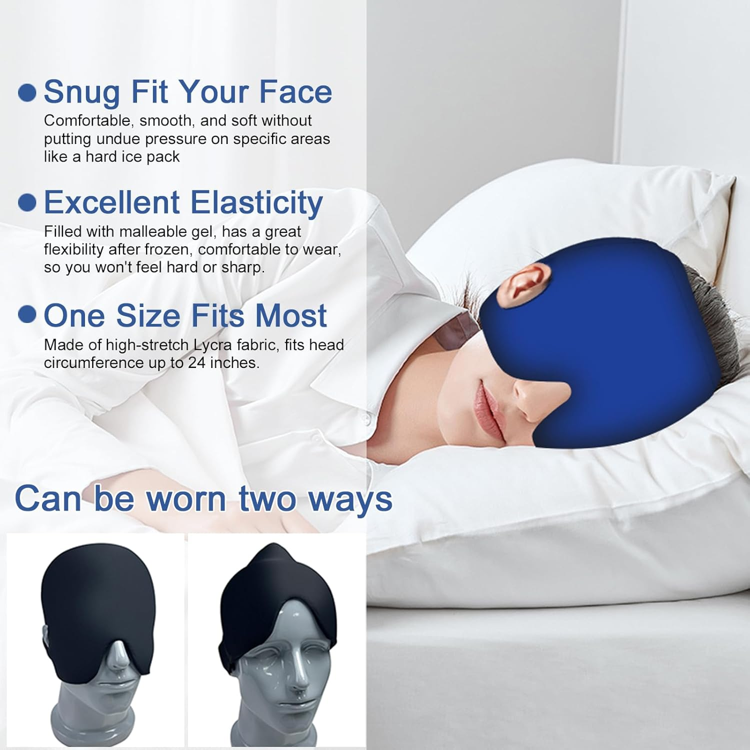 Migraine Cap with Exposed Ear Gel Ice Pack for Alleviating Headache, Puffy Eyes, Tension, Sinus, Stress, Cold and Hot Head Wrap for Easing Pain (Black) image number 5