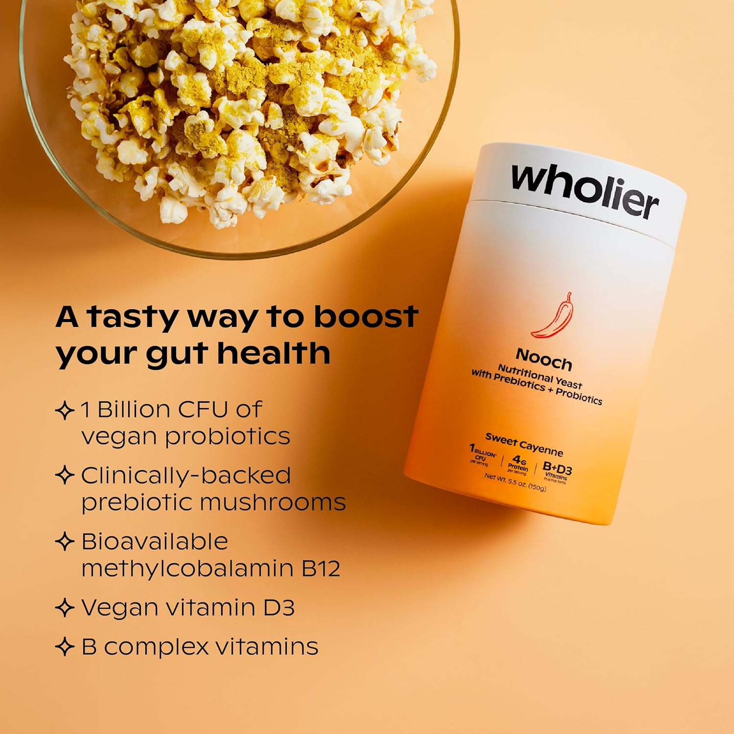 Wholier Nutritional Yeast Flakes with Prebiotics & Probiotics for Digestive Health. Vegan Vitamin D, Vitamin B12, B Complex. Gluten-Free, Vegan Cheesy Seasoning. (5.3 Oz.) (Sweet Cayenne BBQ) image number 3