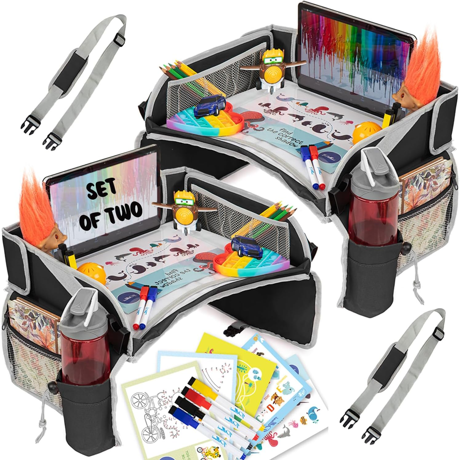 PILLANI Kids Travel Tray for Car - Seat Tray, Road Trip Essentials - Carseat Table Activities - Toddler Lap Desk Organizer for Airplane - Pack of 2