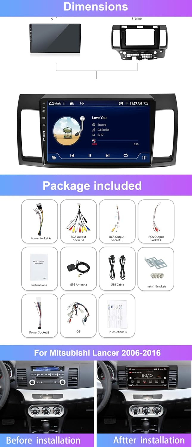 Car Stereo Radio GPS [2G+32G] Android 14 for Mitsubishi Lancer 2008-2016 Carplay Wifi BT Camera AUX FM AM SWC IPS 10Inch Double Din Head Unit image number 6