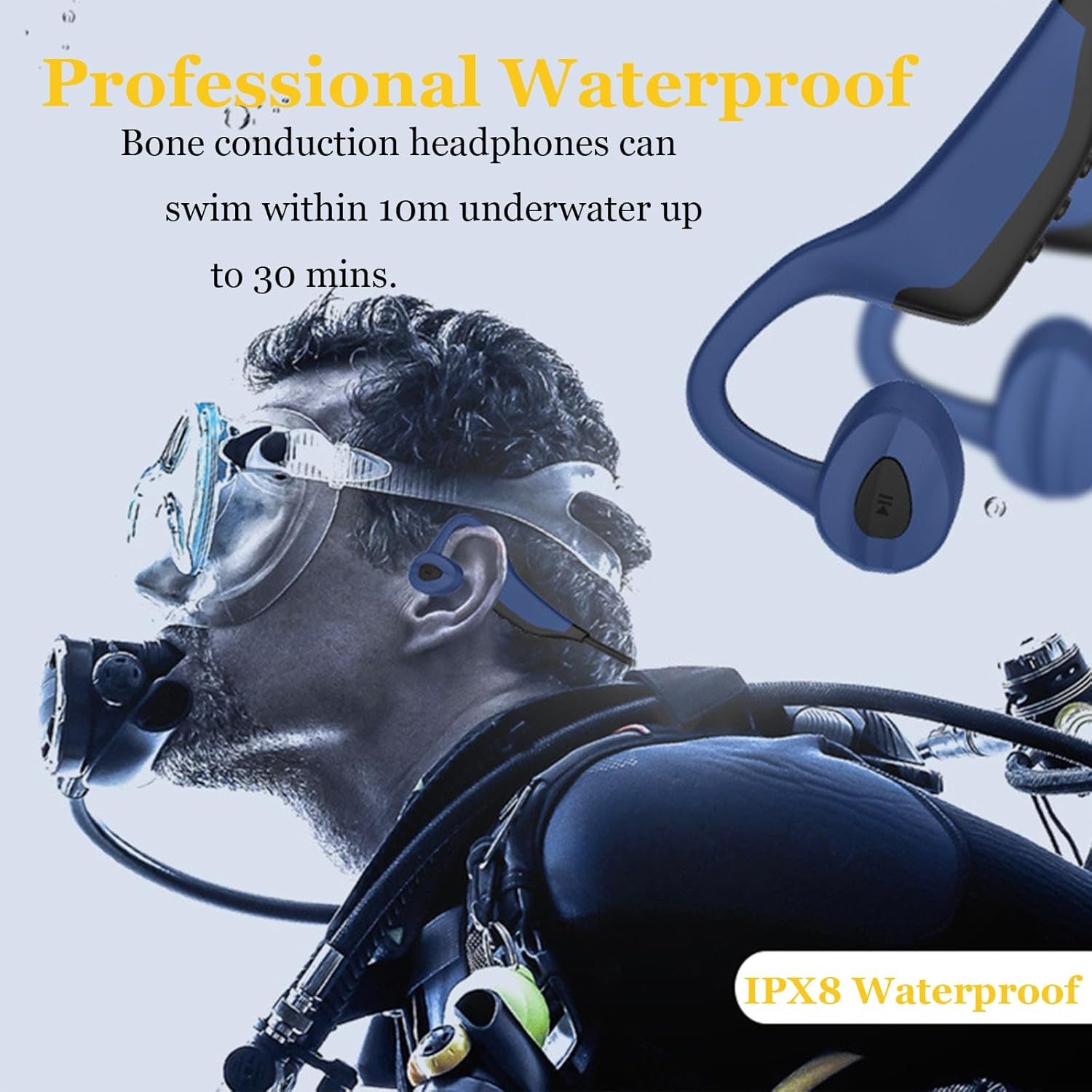 Bone Conduction Headphones, Wireless Bluetooth Headphones Universal Compatible with Android Iphone, Waterproof Open Ear Earphones Headset Hi-Fi Stereo Sound for Swimming Gym Running, Blue image number 5