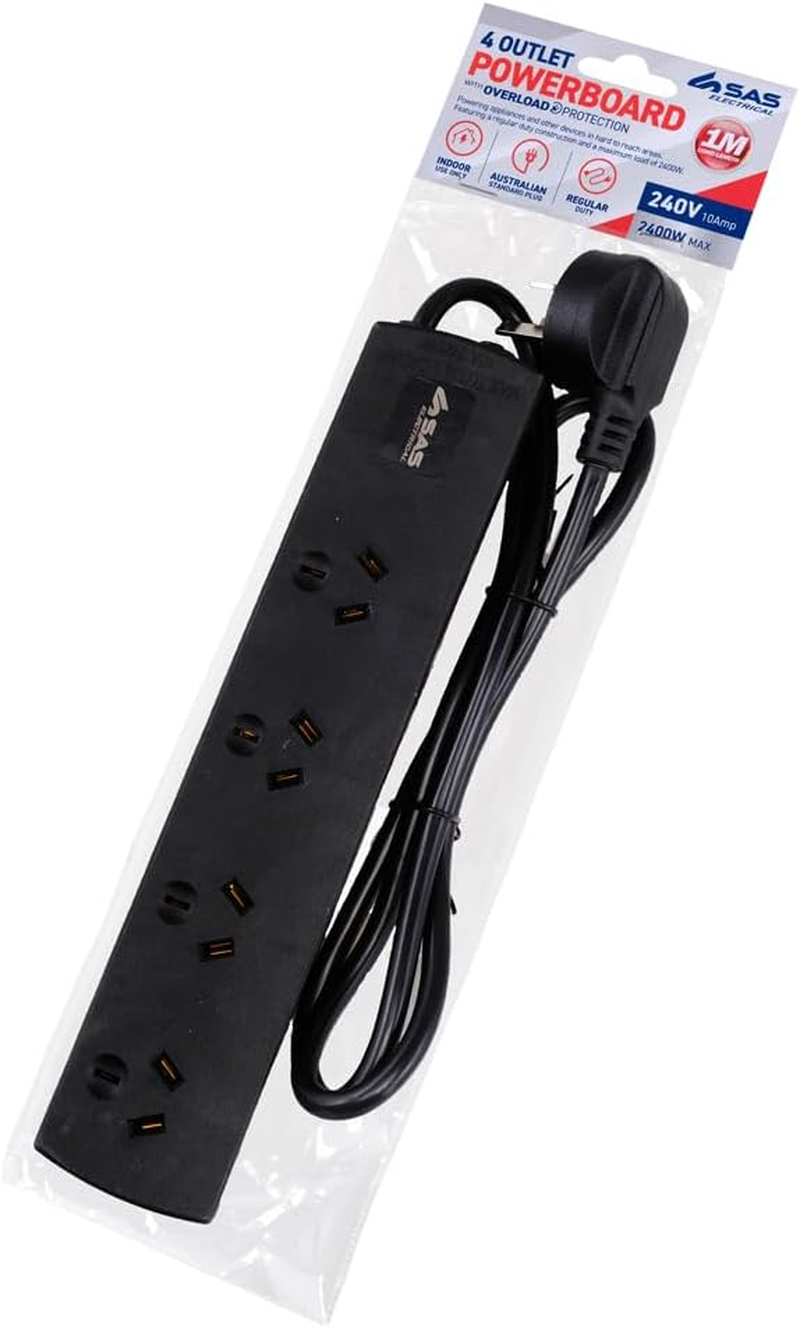 SAS Electrical 240V 10Amp 4 Outlets Power Board with Surge Protection, Black, 1 Meter image number 6