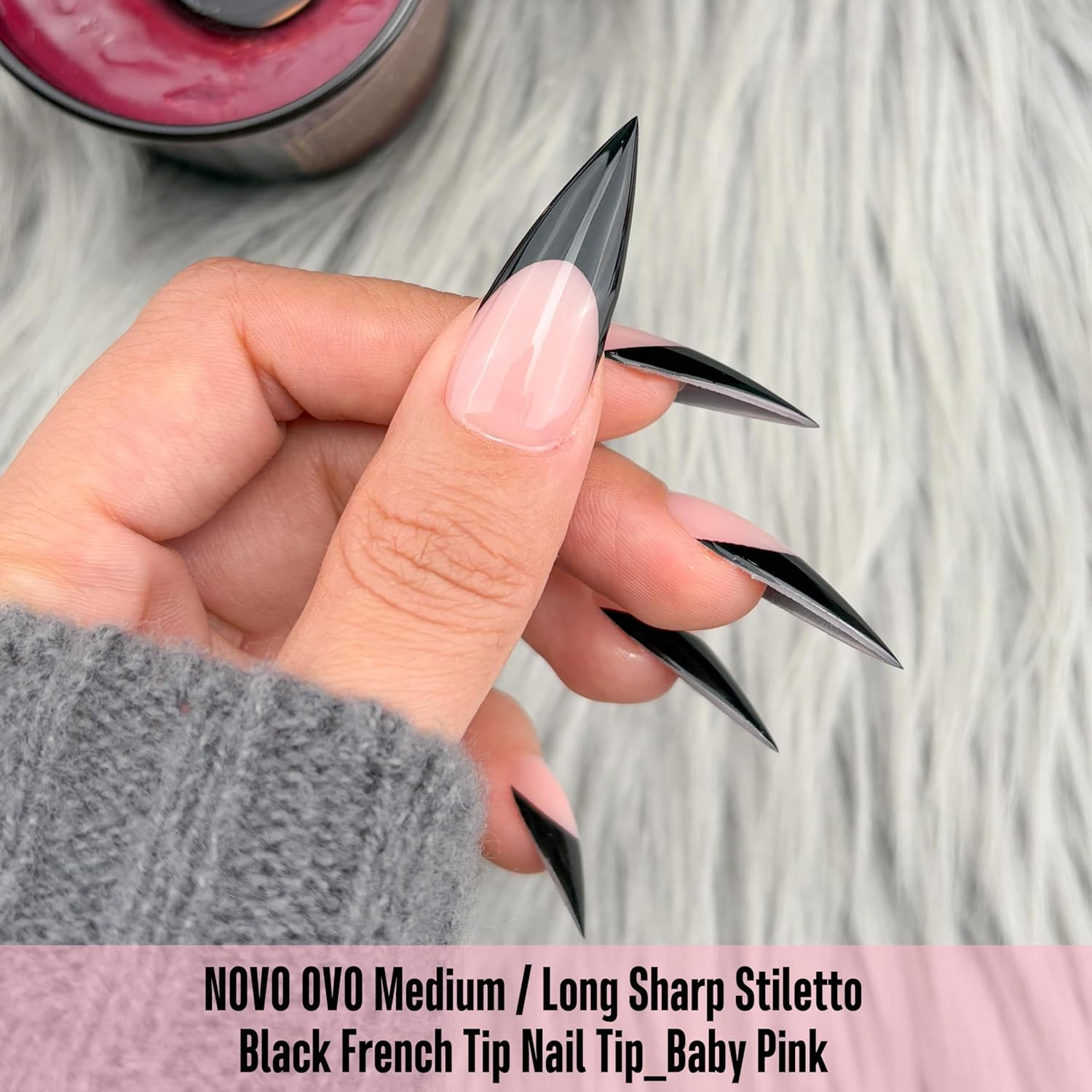 NOVO OVO Black French Tips Sharp Stiletto Pointed Medium Long Nail Tips Press on Baby Pink, Extra Thick Soft Gel Acrylic Extension, Full Cover False Nails for Salon DIY 16 Sizes, Pack of 160 image number 6