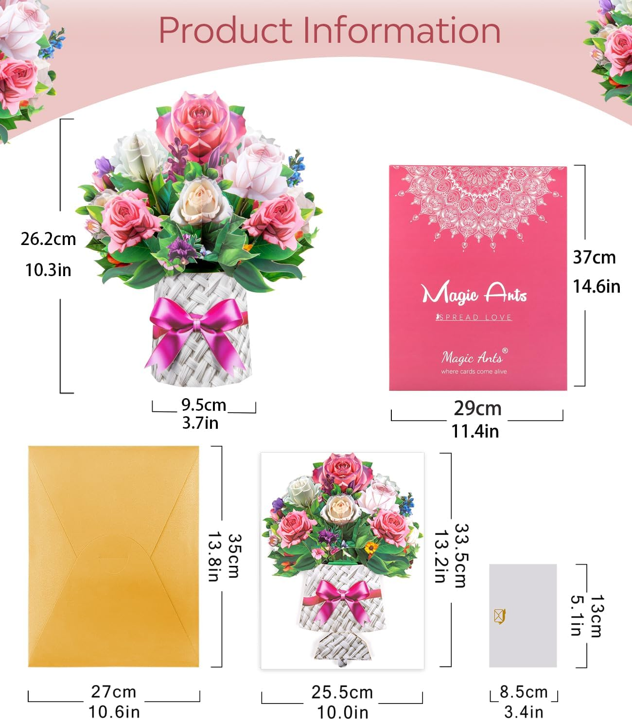 3D Pop-Up Pink & White Rose Bouquet Card Elegant Floral Card for Mother&rsquo;S Day Birthday Anniversary Valentines Thank You Retirement Get Well Thinking of You &ndash; Includes Envelopes & Blank Note Card image number 5