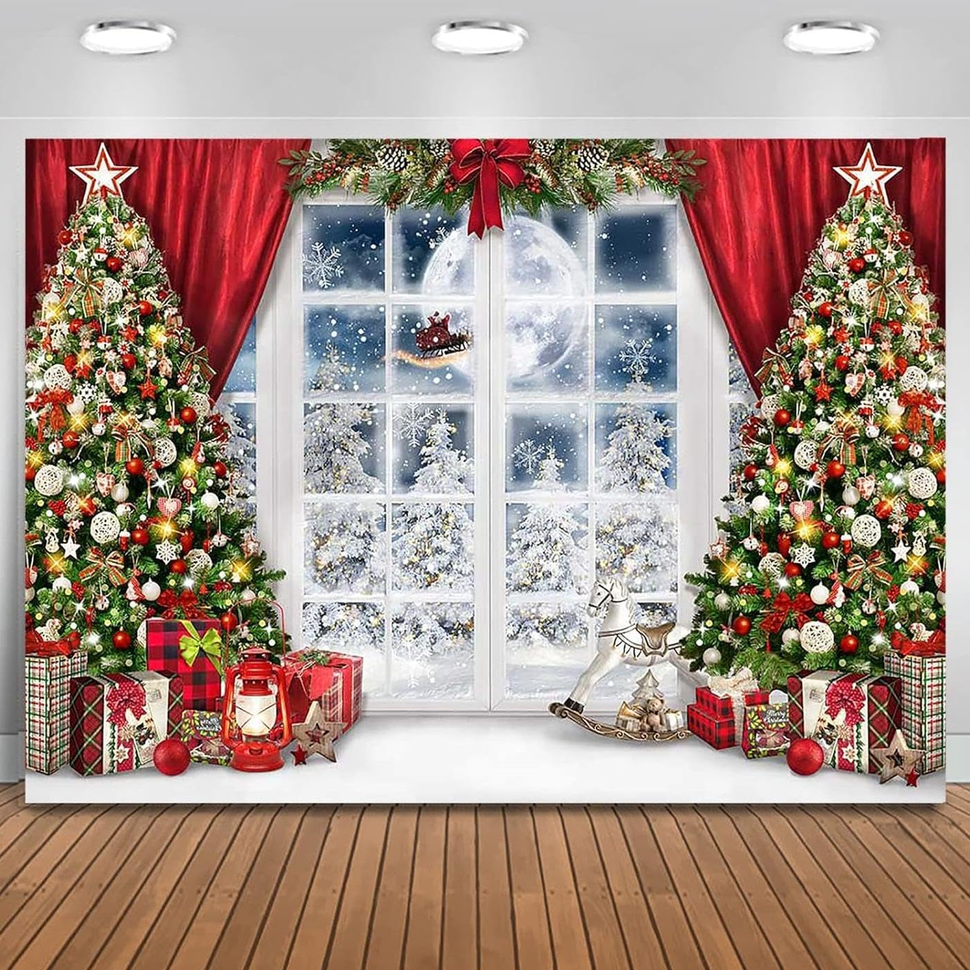 Mocsicka Christmas Window Backdrop for Photography Winter Xmas Trees Merry Christmas Party Decorations Photo Backdrops Xmas Night Santa Claus Photography Background (7X5Ft) image number 1