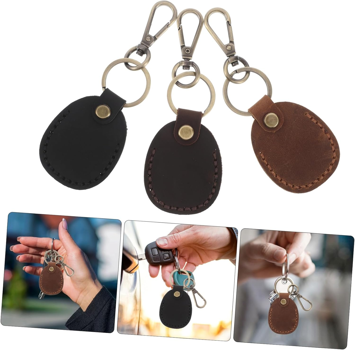MUCKLILY 3Pcs Retro Pu Card Holder Keychain Set, Handmade Small Access Card Sleeve Protector with Ring, Womens Mini Storage Pouch for Electronic Keys and NFC Tags image number 6