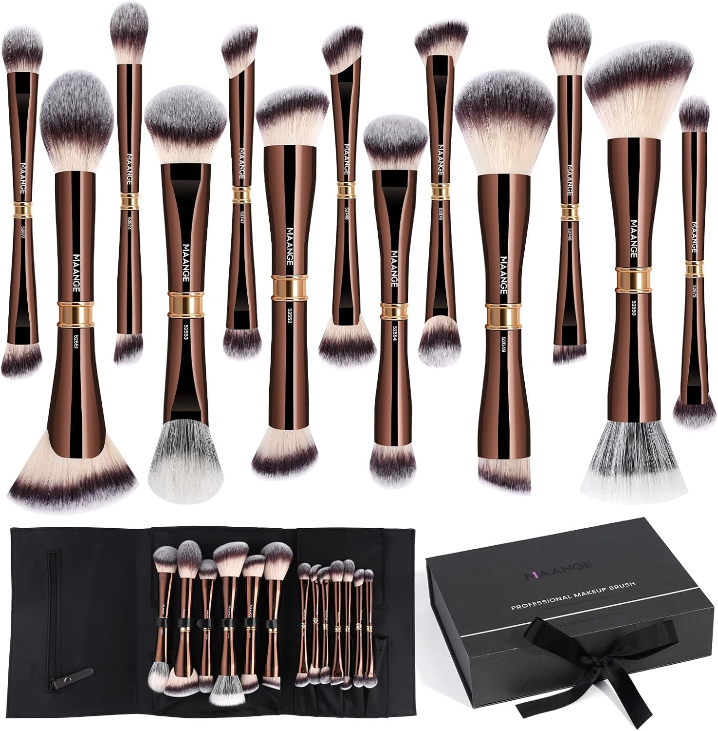 MAANGE Luxury 5 Piece Coffee Gold Makeup Brush Set - Dual Ended Professional Foundation & Eyeshadow Brush with Travel Bag | Premium Gift for Women