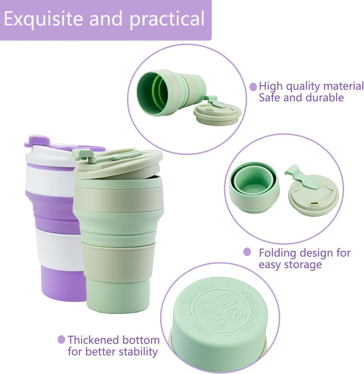 Pack of 2 Silicone Folding Cups, 350 Ml, Portable Folding Cup, Silicone Foldable Travel Cup, for Outdoor Picnics, Camping and Hiking (Green, Purple) image number 3
