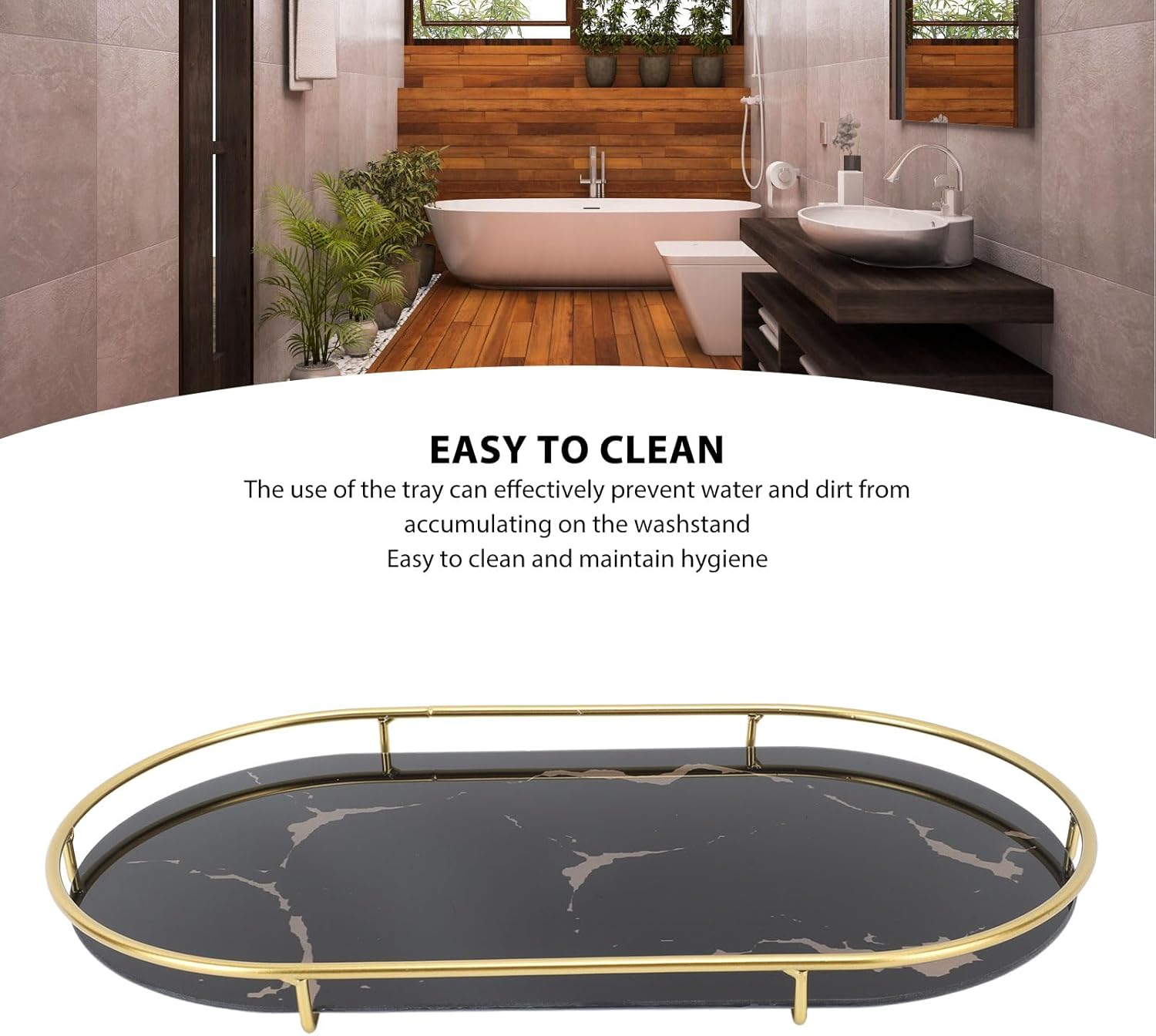 Bathroom Storage Tray Light Luxury Decorative, Golden Texture Oval Bathroom Organiser Tray for Soap Towel Paper Napkins Jewellery Makeup, Bathroom Organiser Tray (Black Base) image number 2