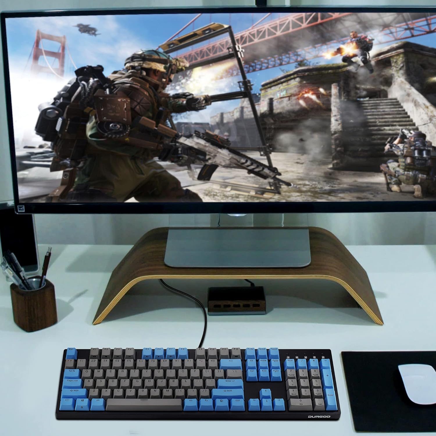 Durgod Taurus K310 Full Size Mechanical Keyboard | 104 Keys Tenkeyless | USB C Wired | Doubleshot PBT Keycaps | Programmable Keys | NKRO Rollover | Windows & Mac (Grey & Blue, Cherry Silent Red) image number 3