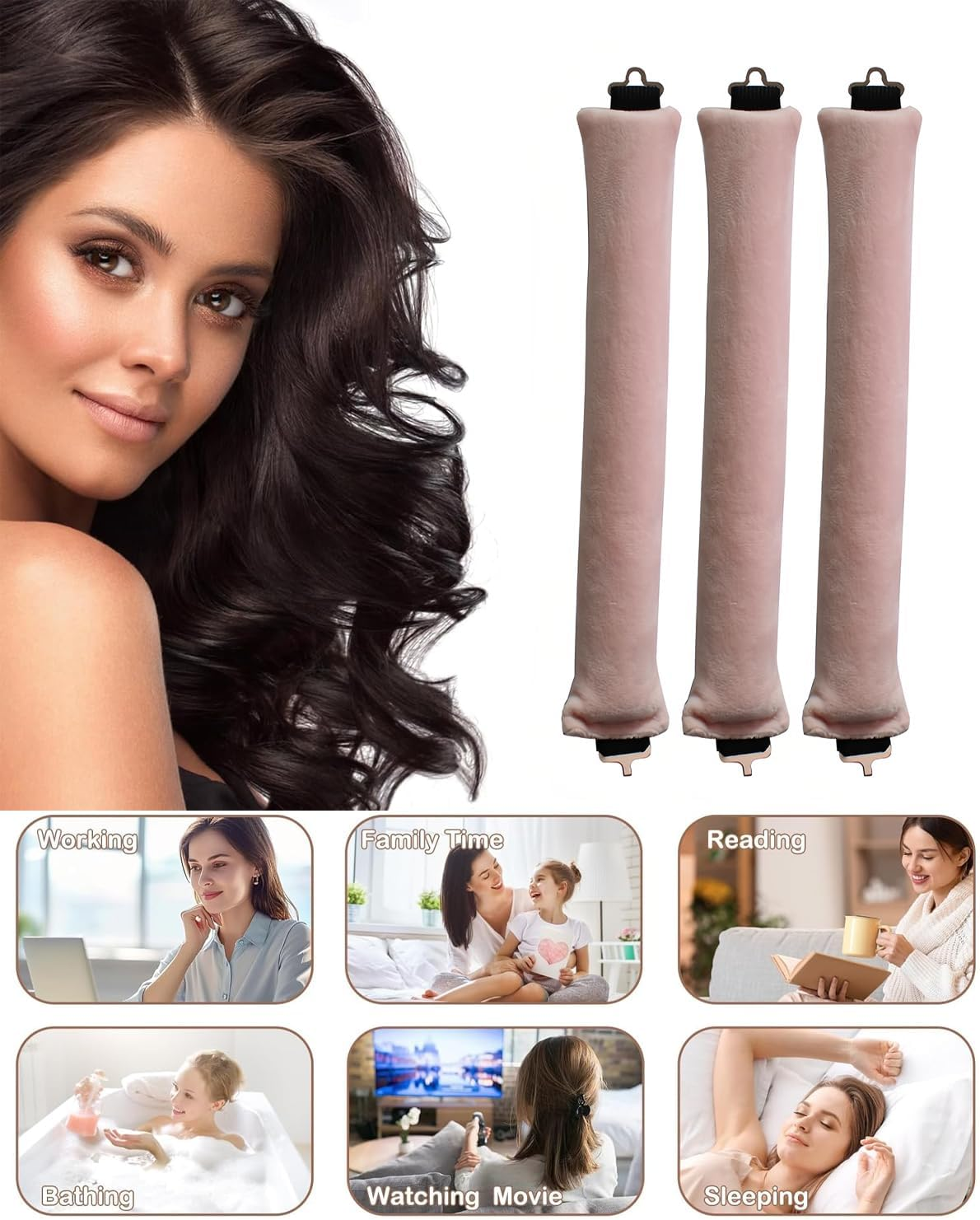 YOCDNOV Pack of 3 Heat-Free Curlers, Flexi Rods with Hooks, Heat-Free Curling Iron for All Hair Types, Hair Rollers for Sleeping, for All Hair Types (Pink) image number 5