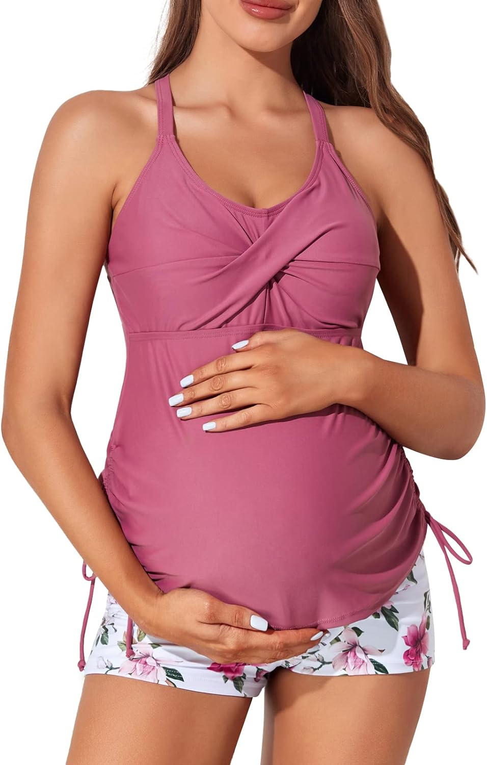 Miyang Maternity Tankini Swimsuit Criss Cross Back Bathing Suit Ruched Tie Side Pregnancy Swimwear Two Piece image number 7