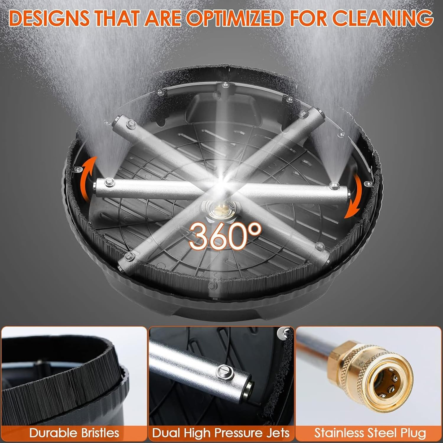 Pressure Washer Surface Cleaner, 4000PSI Pressure Washer Circle Attachment,15In Power Washer Disc Attachment with 2 Extension Wands for Cleaning Driveway, Sidewalk, Deck, Patio, Black image number 1