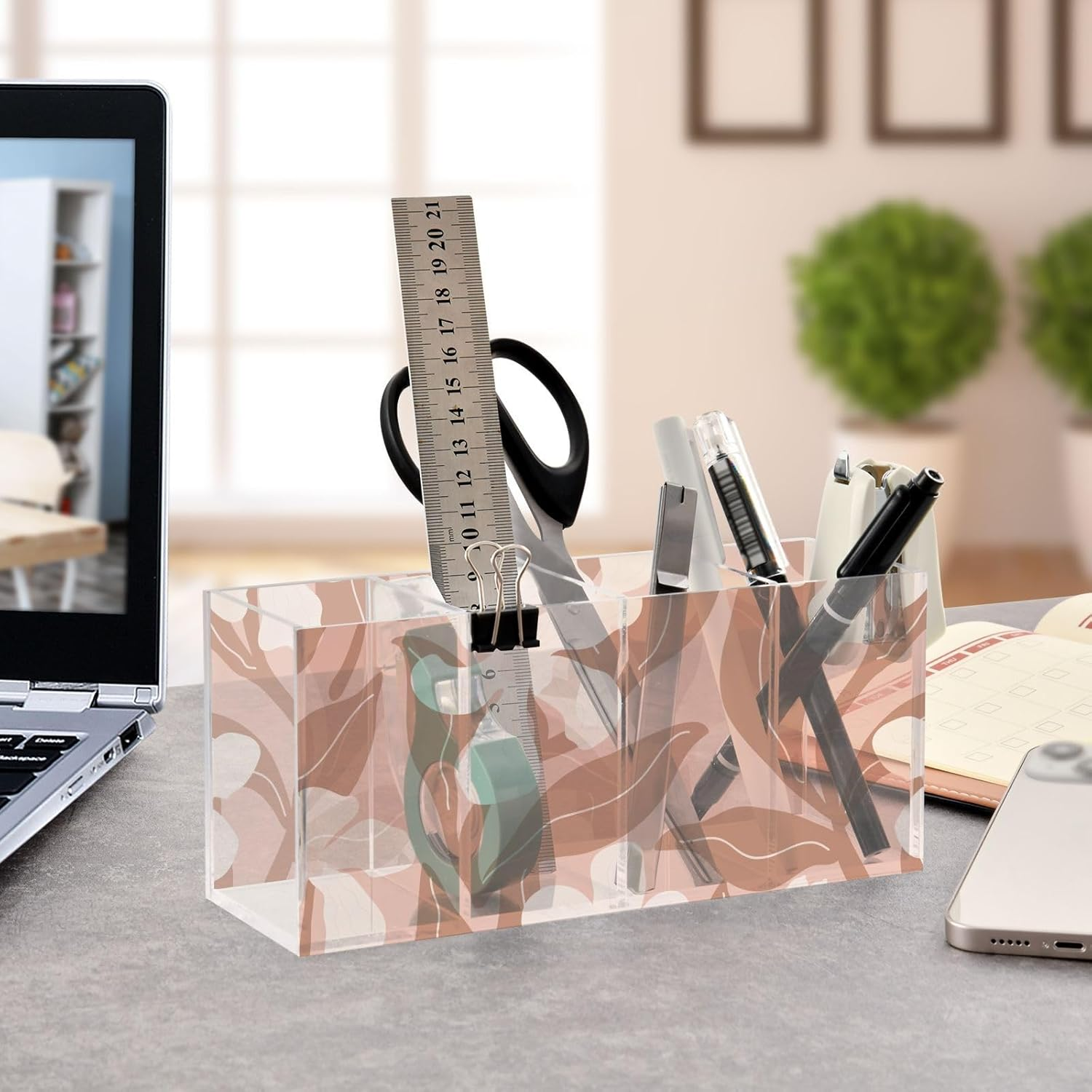 Guoche Acrylic Pen Holder Happy Thanksgiving Autumn Flowers 4 Compartments Clear Plastic Make up Brush Holder Organizer for Bedroom Accessory Art Supply Storage Organizer image number 4